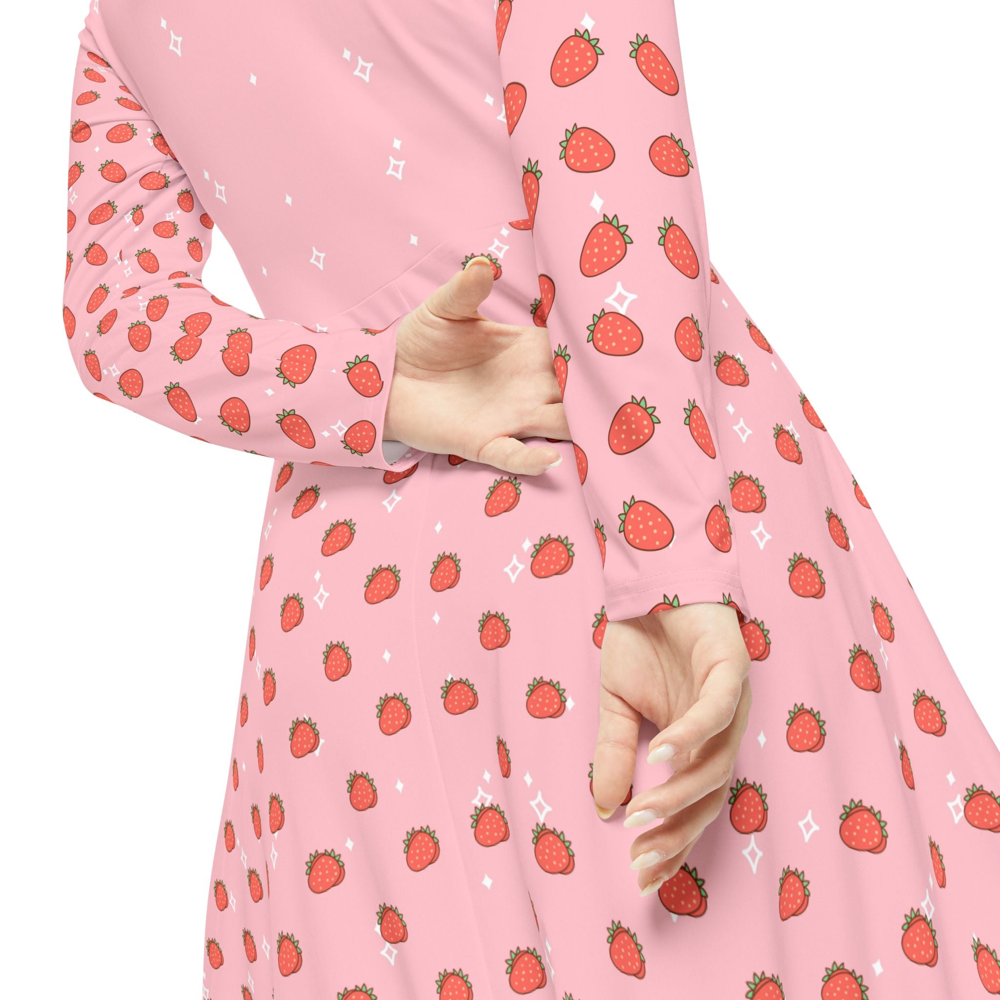 Kawaii Cat with Strawberry Women's Long Sleeve Dance Dress, Cute Cat Costume, Long Sleeve Dance Costume, Cat Lover Gift, Dance Class Outfit,