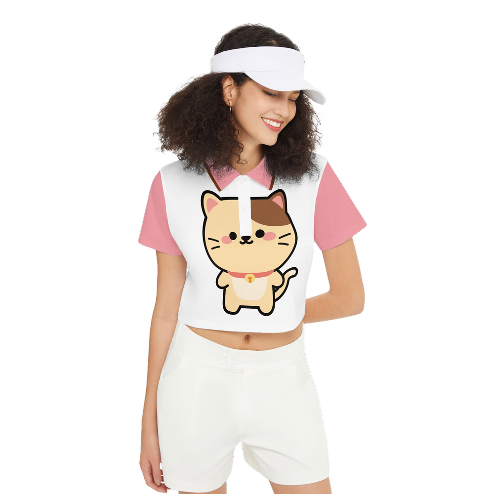Kawaii Cat Women's Short-Sleeve Crop Polo Shirt-Heavyweight 225g