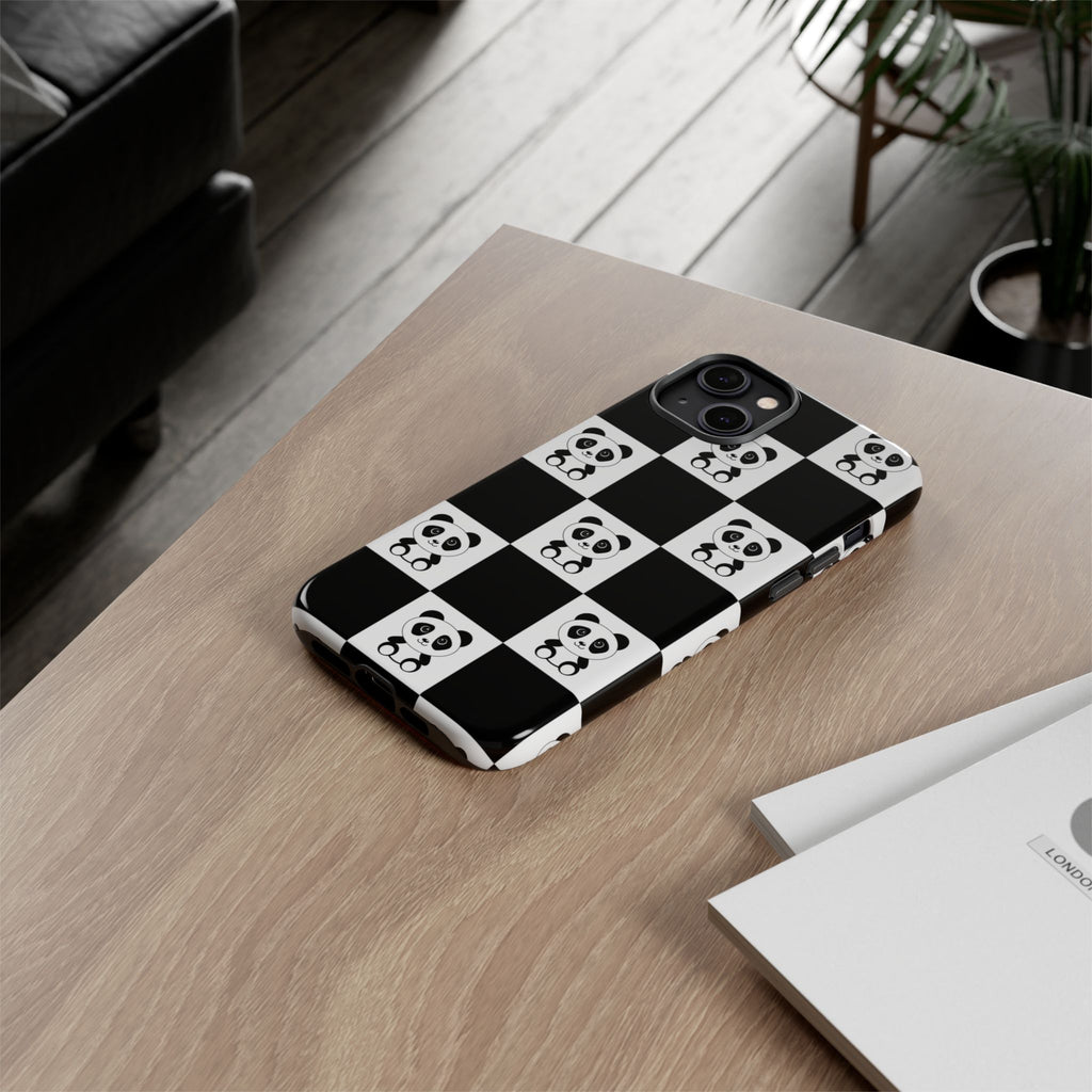 Panda Chessboard Tough Cases, Cute Panda Phone Covers, Chess Pattern iPhone Case, Board Games Phone Accessories, Animal Lover Tech