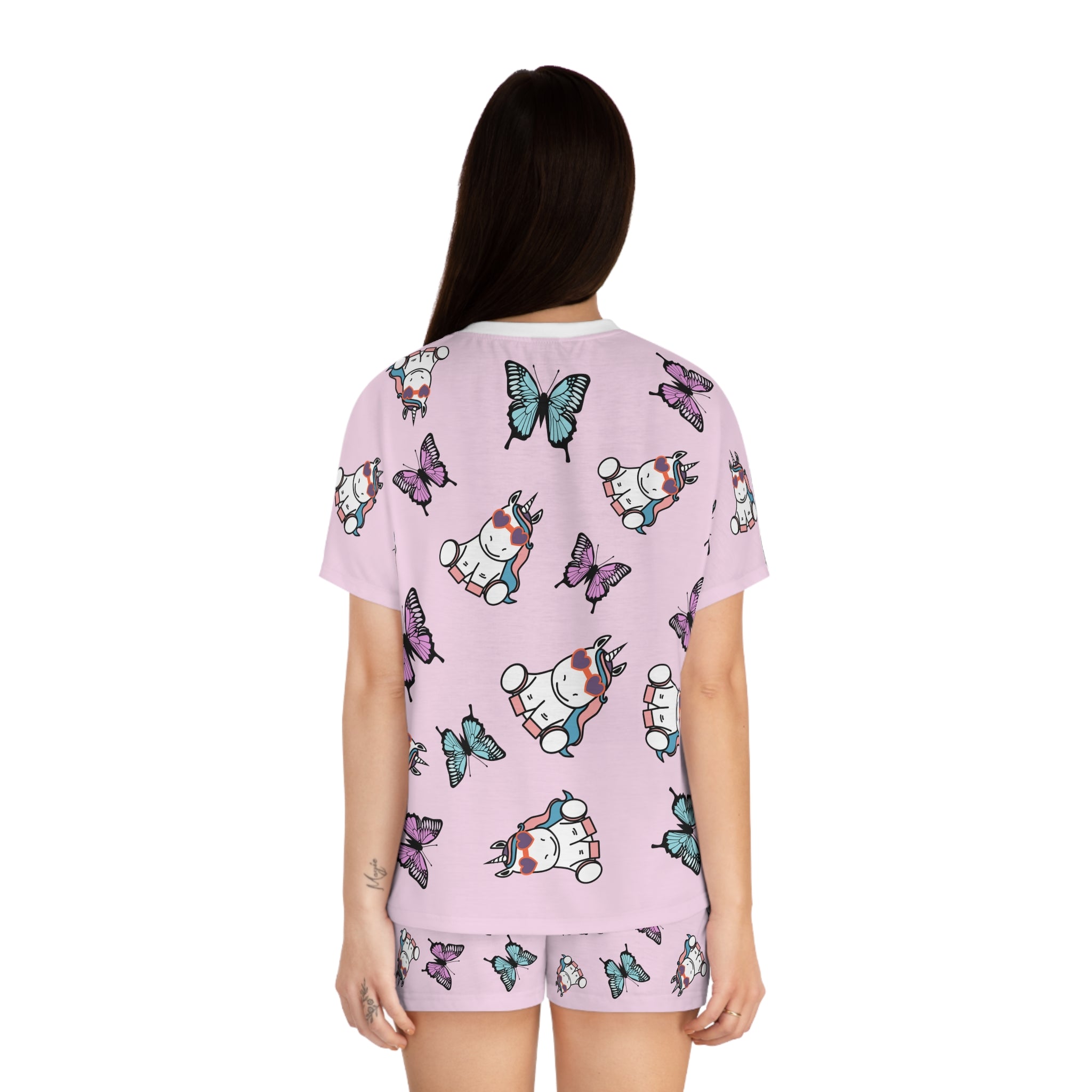 Kawaii Unicorns Short Pajamas Set, Cute Butterflies Pink PJs for Women, Loungewear Sleepwear, Summer PJ Set, Unicorn Lover Gift
