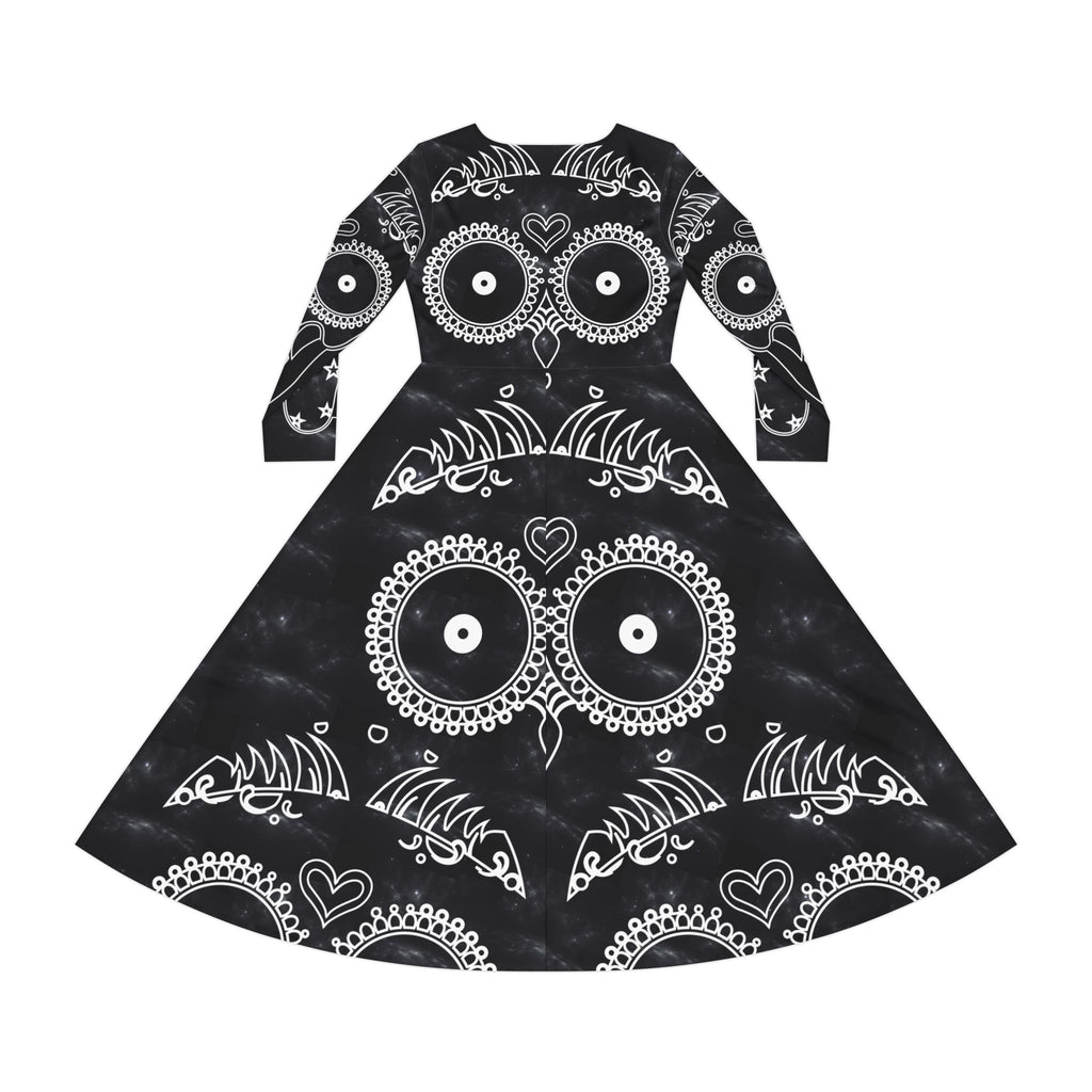 Skulls Dance Dress, Gothic Bones Costume, Halloween Long Sleeve Dress, Spooky Skulls Party Attire, Women's Dancing Outfit