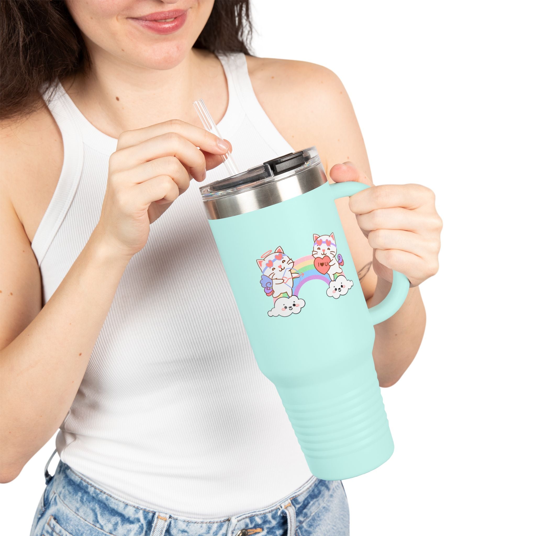 Cupido Cat Rainbow Heart Love Insulated Travel Mug, 40oz - Cute Kitty Space Cup, Valentine's Gift, Coffee Tea Tumbler, Cat Lover Present