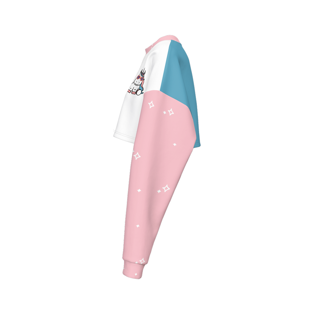 Kawaii Unicorn Pink and Purple Women's Cropped Crewneck Sweatshirt-Techno Scuba Knit