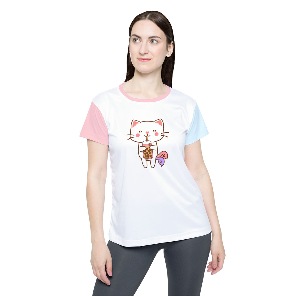 Cat Boba Tea Bubble Tea Anime Kawaii Neko Women's Sports Jersey - Cute Kitty Athletic Shirt, Workout Top, Fitness Apparel, Japanese Manga