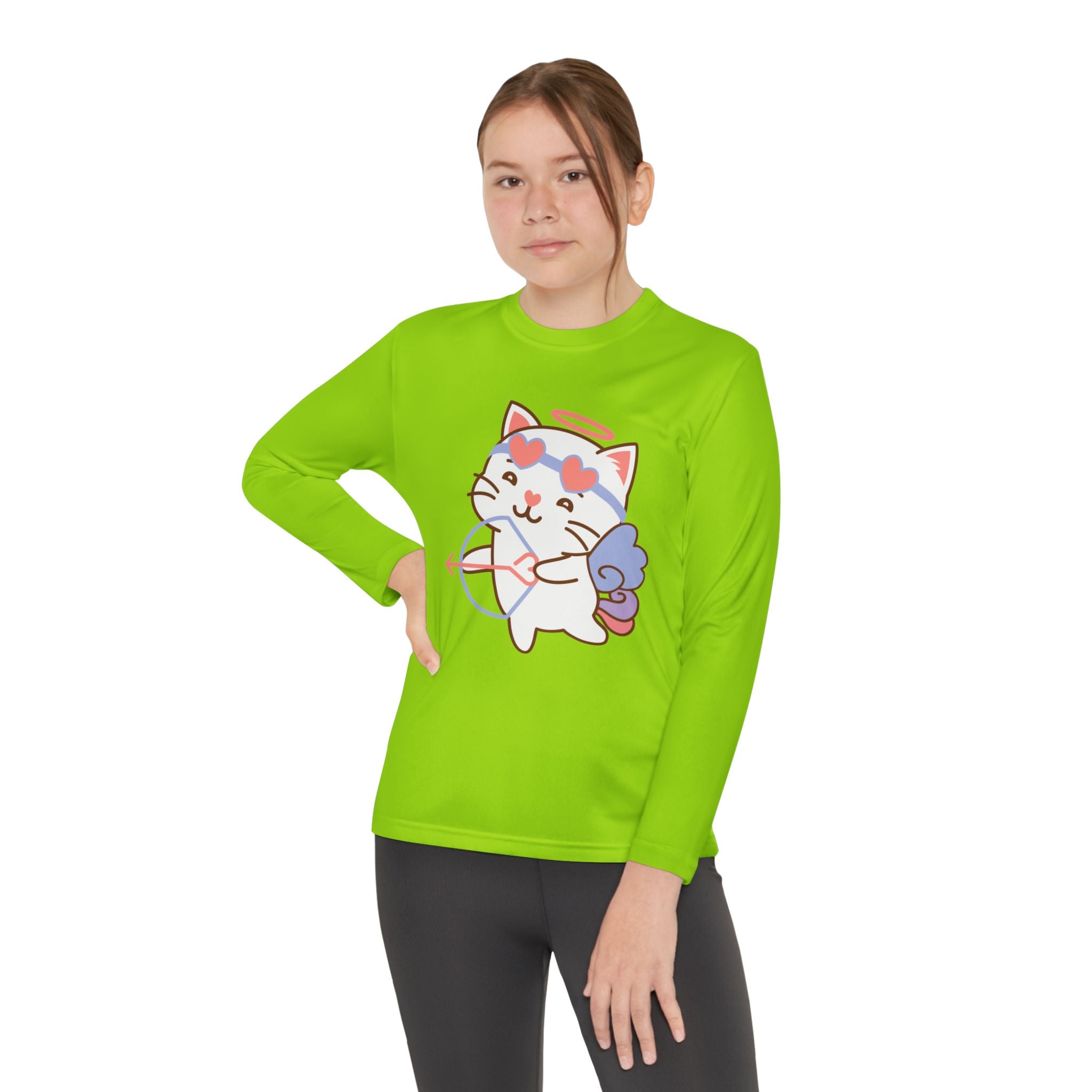 Cute Cupido Cat Youth Tee, Kids Long Sleeve Shirt, Funny Cat Shirt for Girls, Long Sleeve Kids Shirt, Cute Children's Clothing