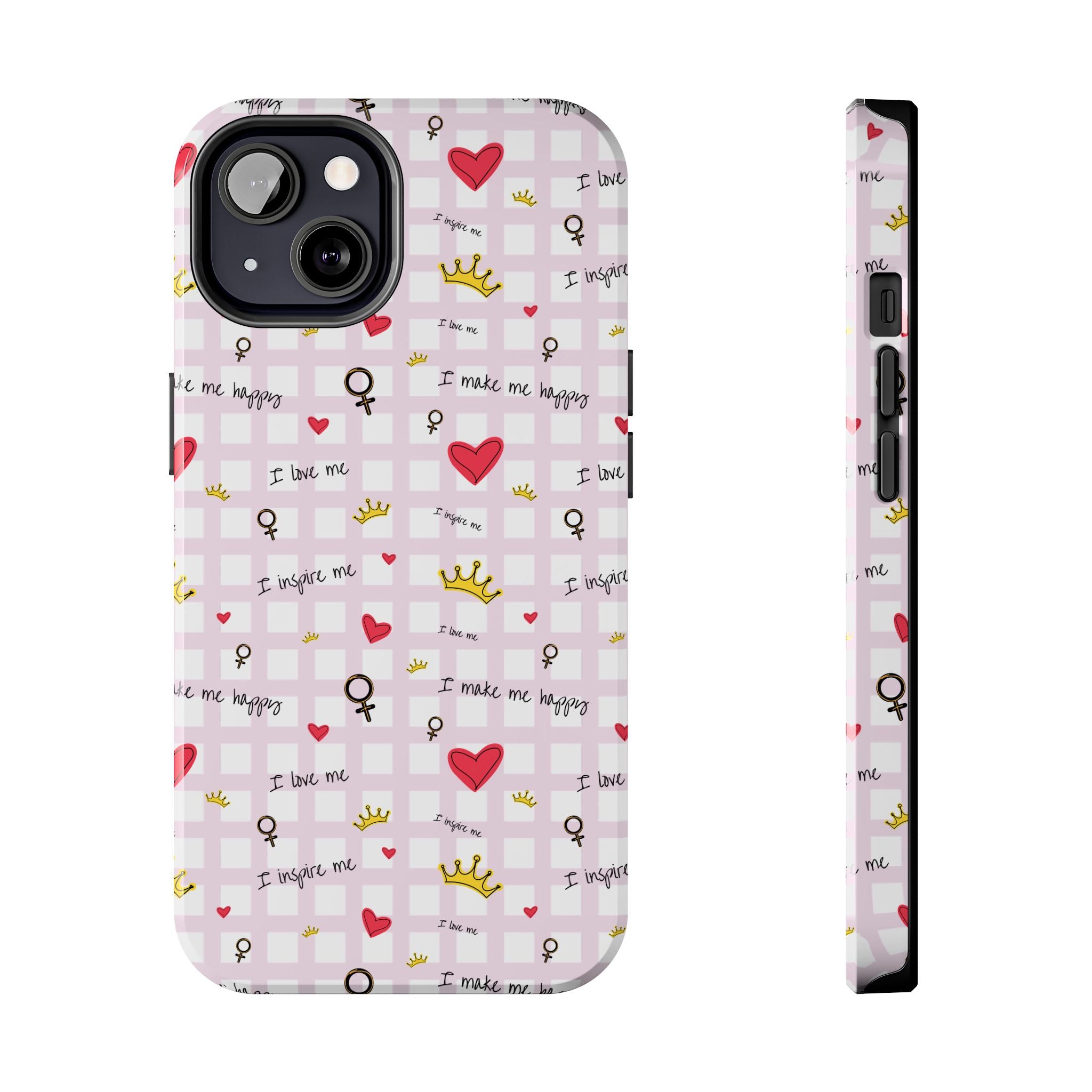 Cozy Hearts & Crowns Phone Case, Heart Design Protective Phone Cover, Crown Pattern Tough Case, Girly Phone Accessories, Valentine's Day