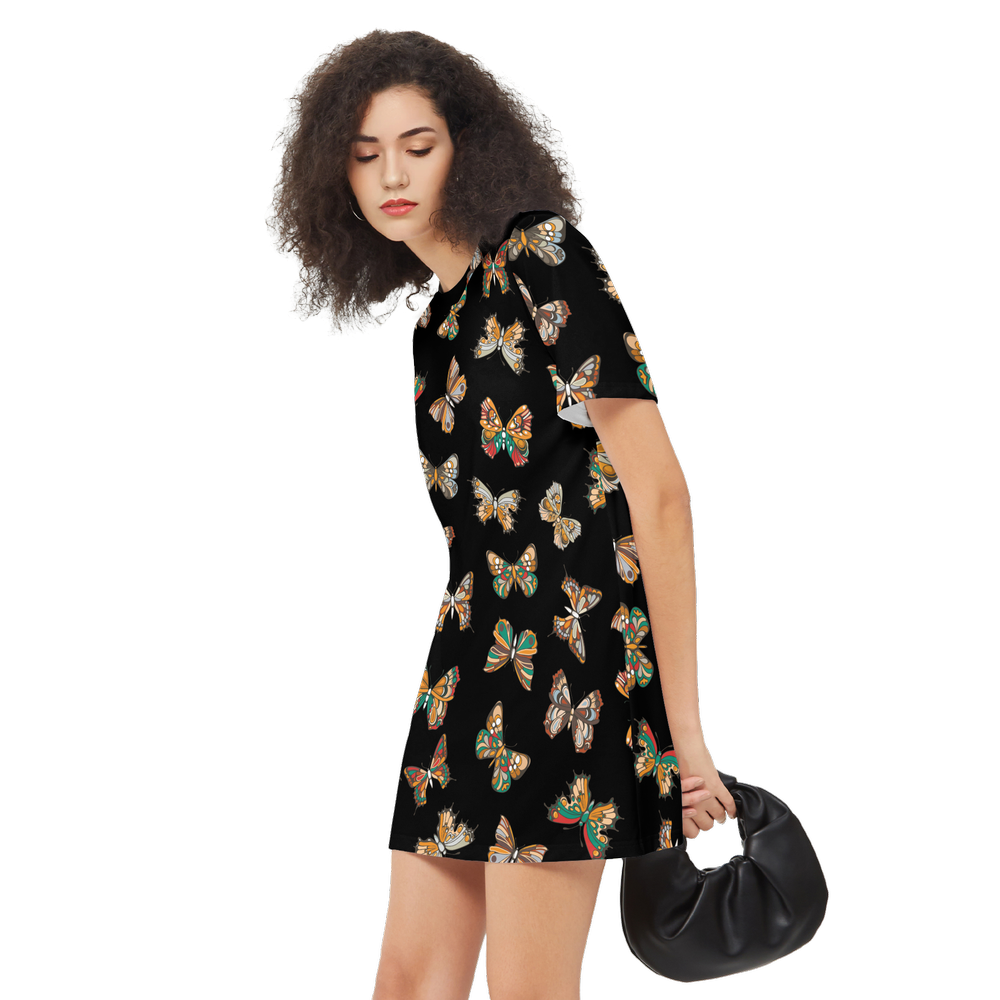 Butterflies Pattern Women's Short-Sleeve T-Shirt Dress Black, Elegant Butterfly Print Dres