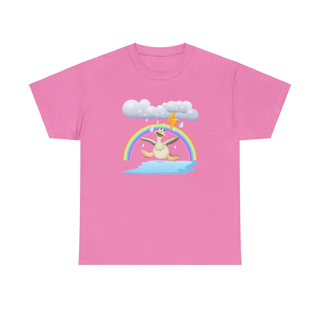 Crazy duck in rainy weather with rainbows and lightning Heavy Cotton Tee