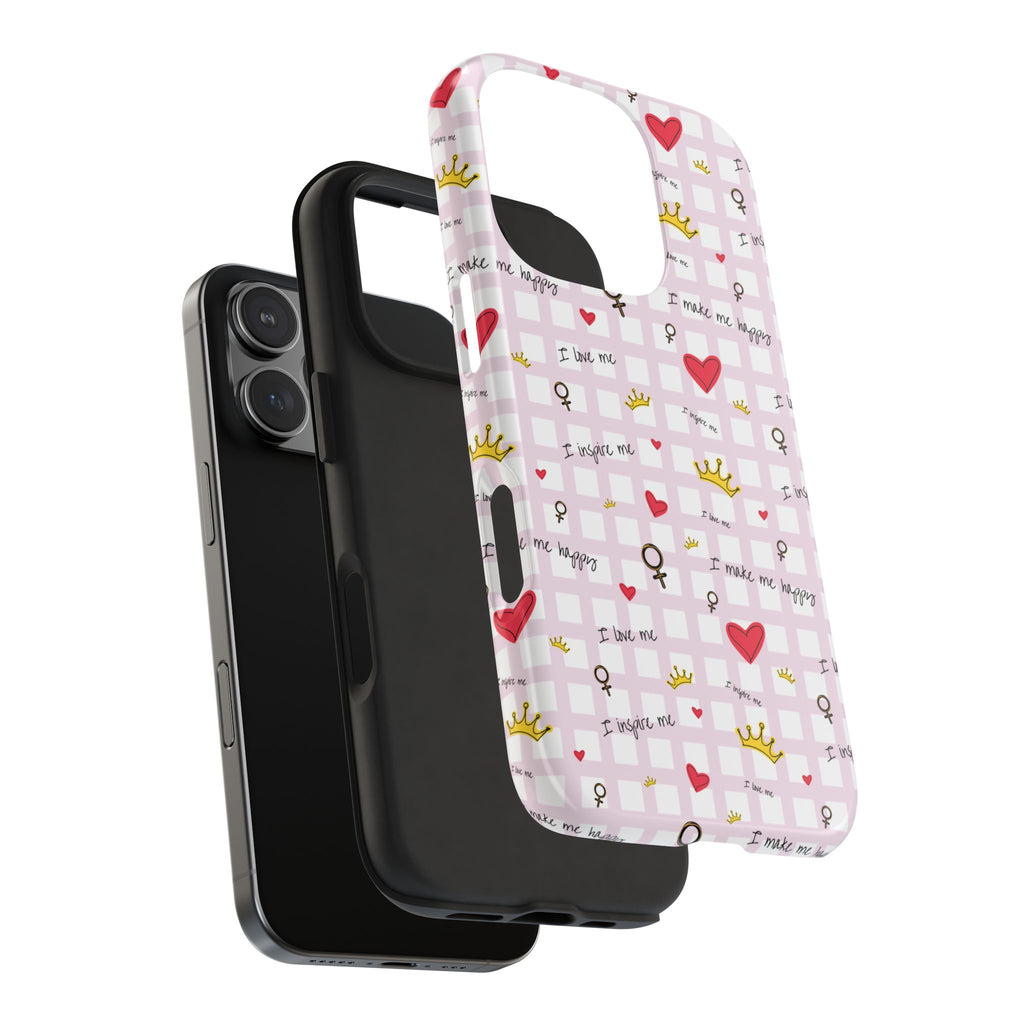 Cozy Hearts & Crowns Phone Case, Heart Design Protective Phone Cover, Crown Pattern Tough Case, Girly Phone Accessories, Valentine's Day