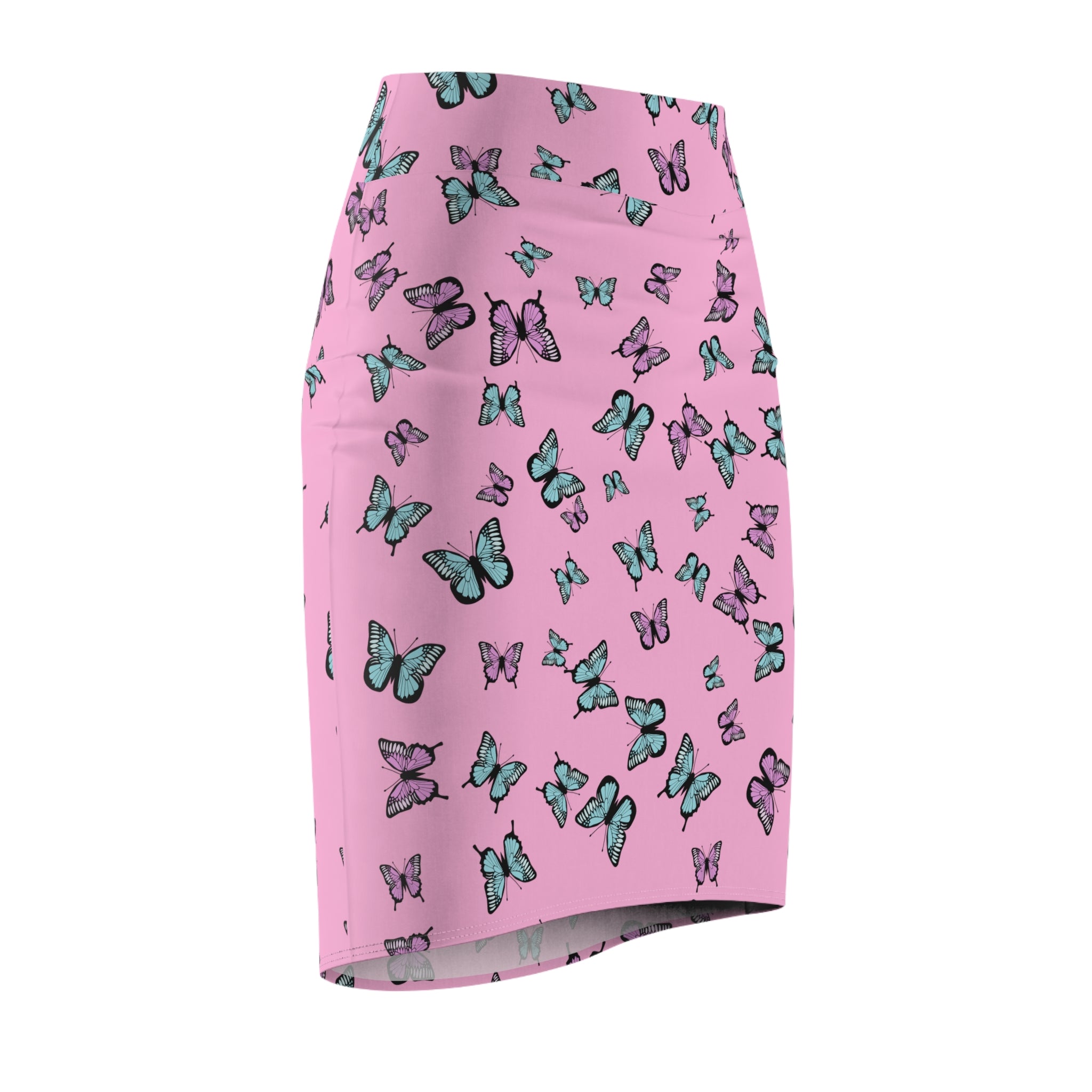 Butterfly Pattern Pink Women's Pencil Skirt, Floral Print Stretchy Knee Length Skirt, Fashionable Spring Summer Clothing, Cute Insect Theme