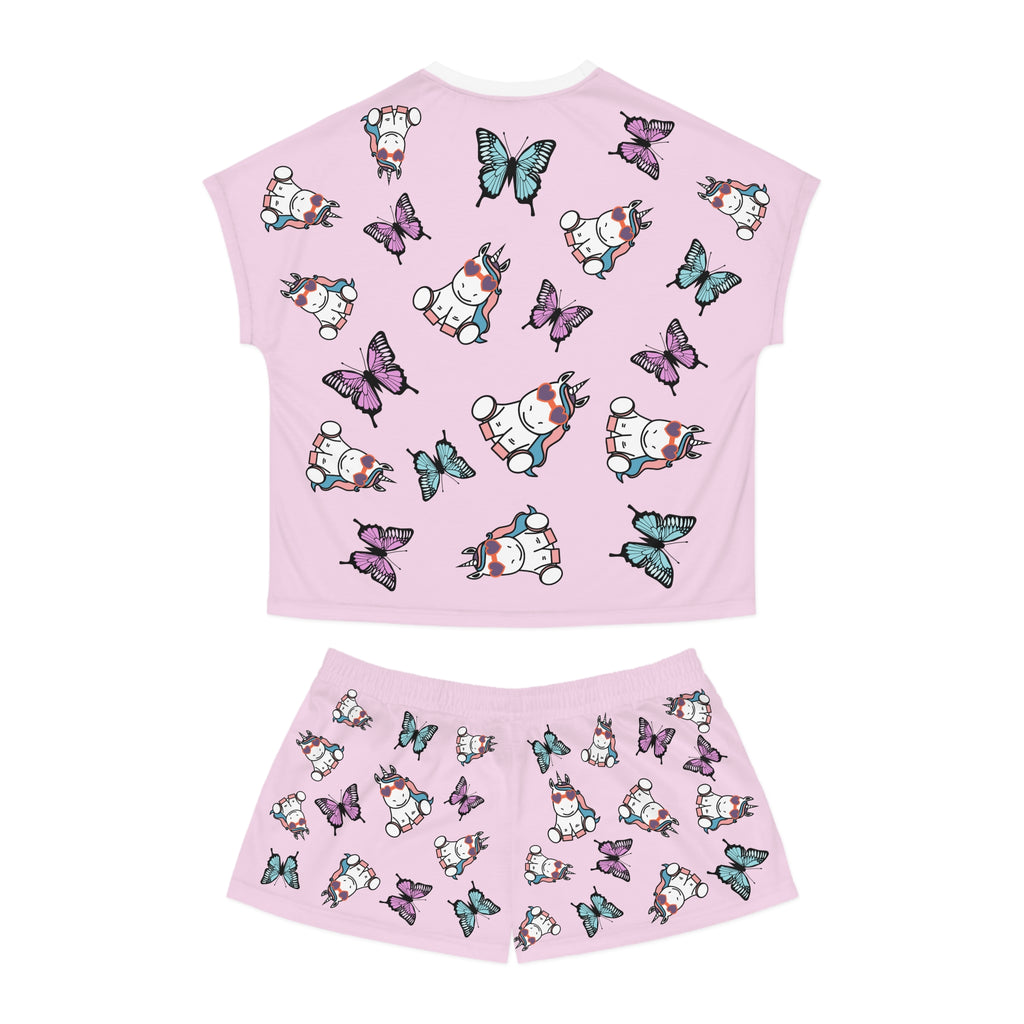 Kawaii Unicorns Short Pajamas Set, Cute Butterflies Pink PJs for Women, Loungewear Sleepwear, Summer PJ Set, Unicorn Lover Gift