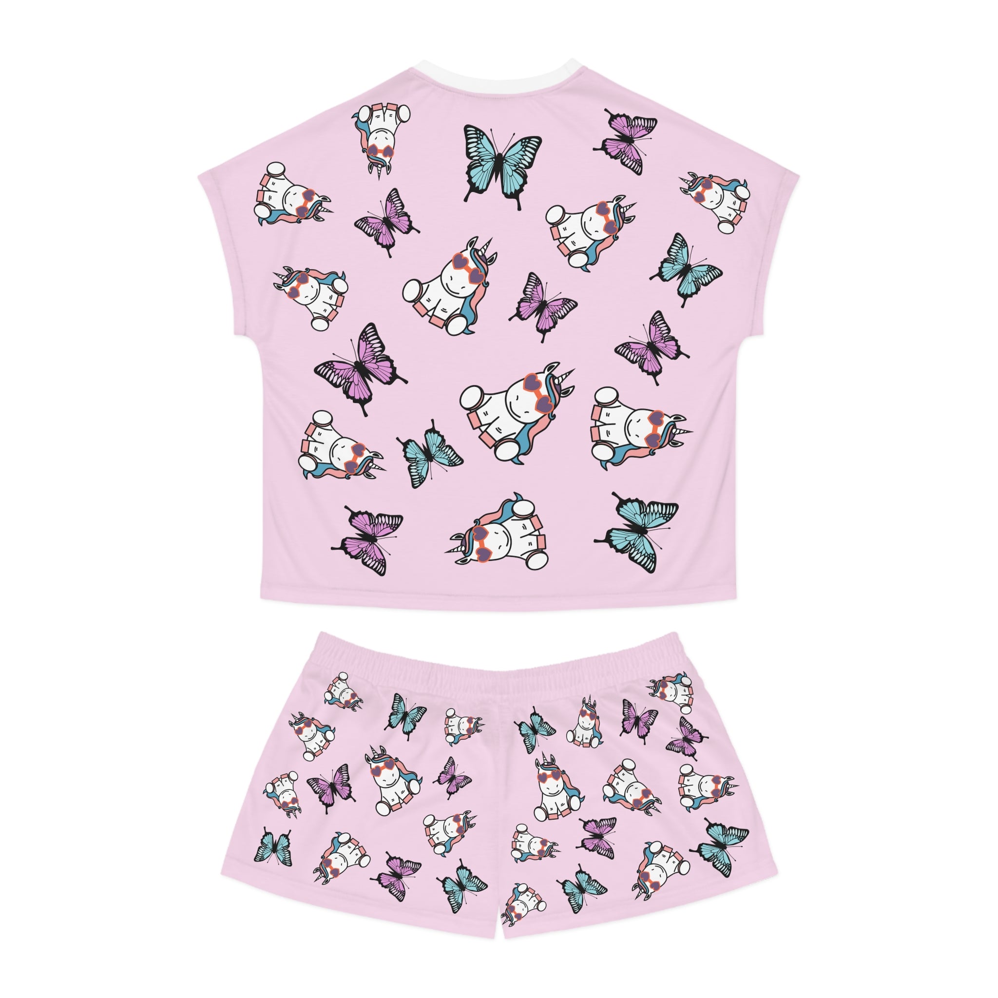 Kawaii Unicorns Short Pajamas Set, Cute Butterflies Pink PJs for Women, Loungewear Sleepwear, Summer PJ Set, Unicorn Lover Gift