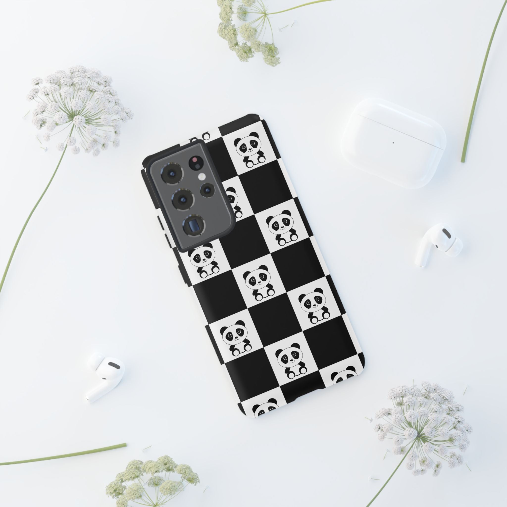 Panda Chessboard Tough Cases, Cute Panda Phone Covers, Chess Pattern iPhone Case, Board Games Phone Accessories, Animal Lover Tech