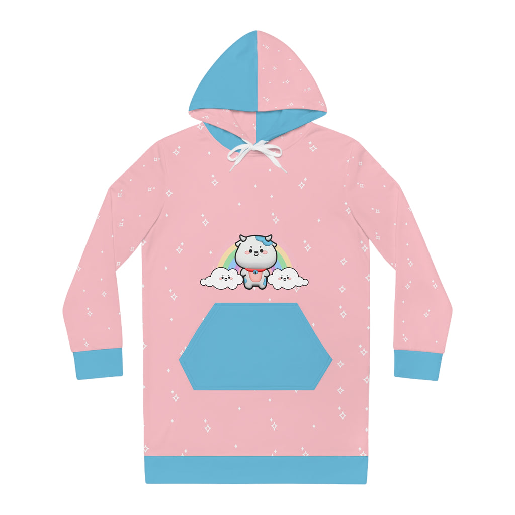 Kawaii Cow Hoodie Dress, Cute Cartoon Rainbow Sweatshirt, Women's Animal Print Dress, Fun Graphic Pullover, Unique Cattle Clothing, Colorful