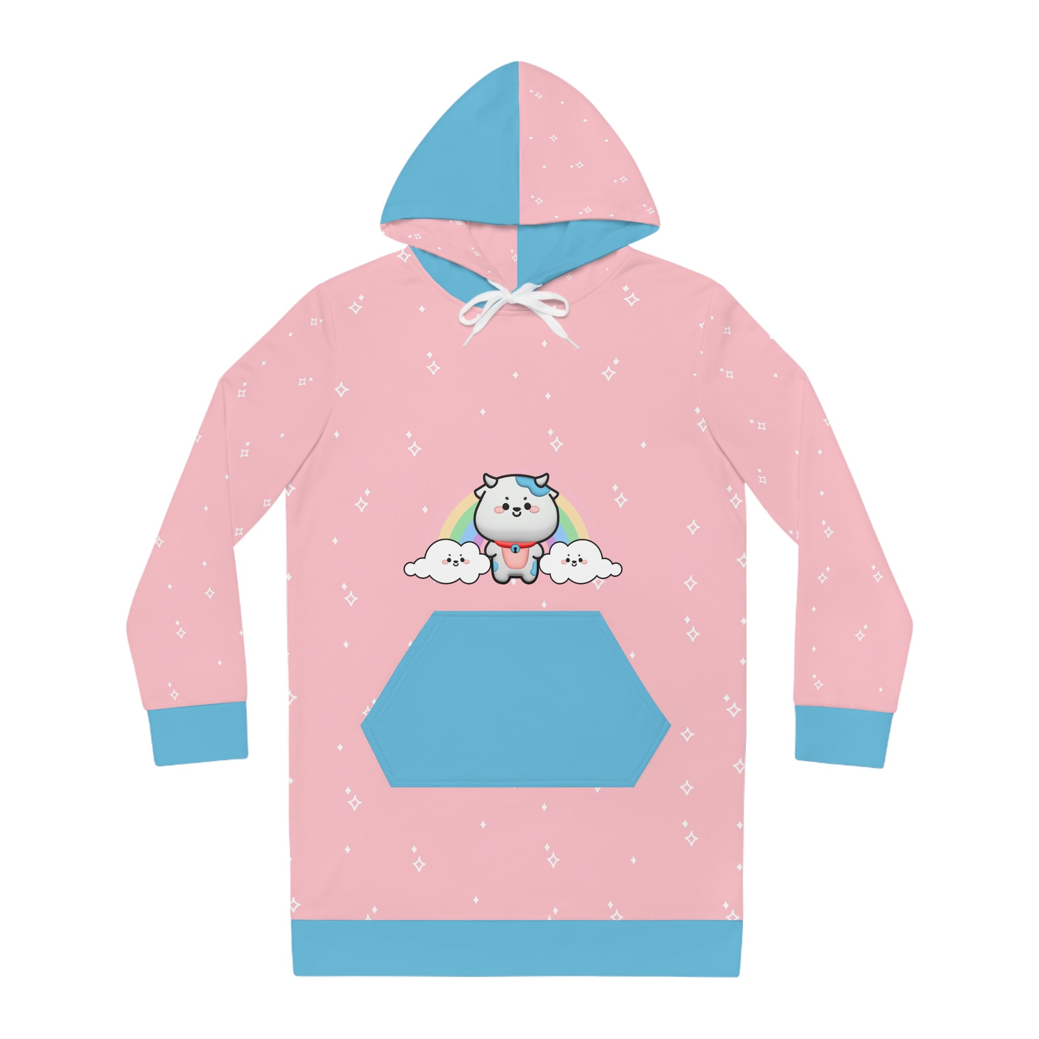 Kawaii Cow Hoodie Dress, Cute Cartoon Rainbow Sweatshirt, Women's Animal Print Dress, Fun Graphic Pullover, Unique Cattle Clothing, Colorful