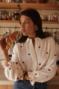 Lou cotton blouse with red heart embroidery, waffle texture and softly gathered cuffs