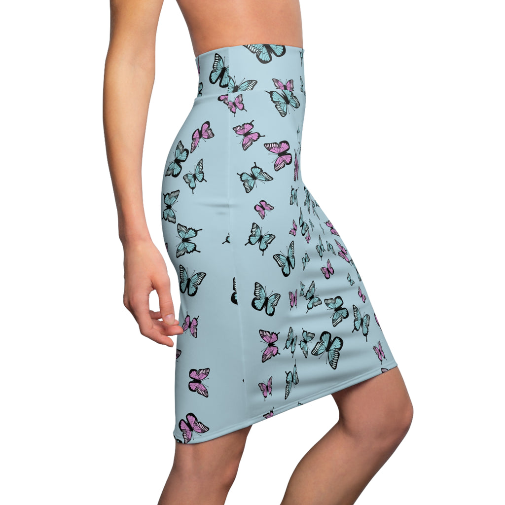 Butterfly Pattern Blue Women's Pencil Skirt - Floral Print Stretchy Midi Skirt, Summer Fashion Apparel, Cute Insect Theme Clothes, Elegant
