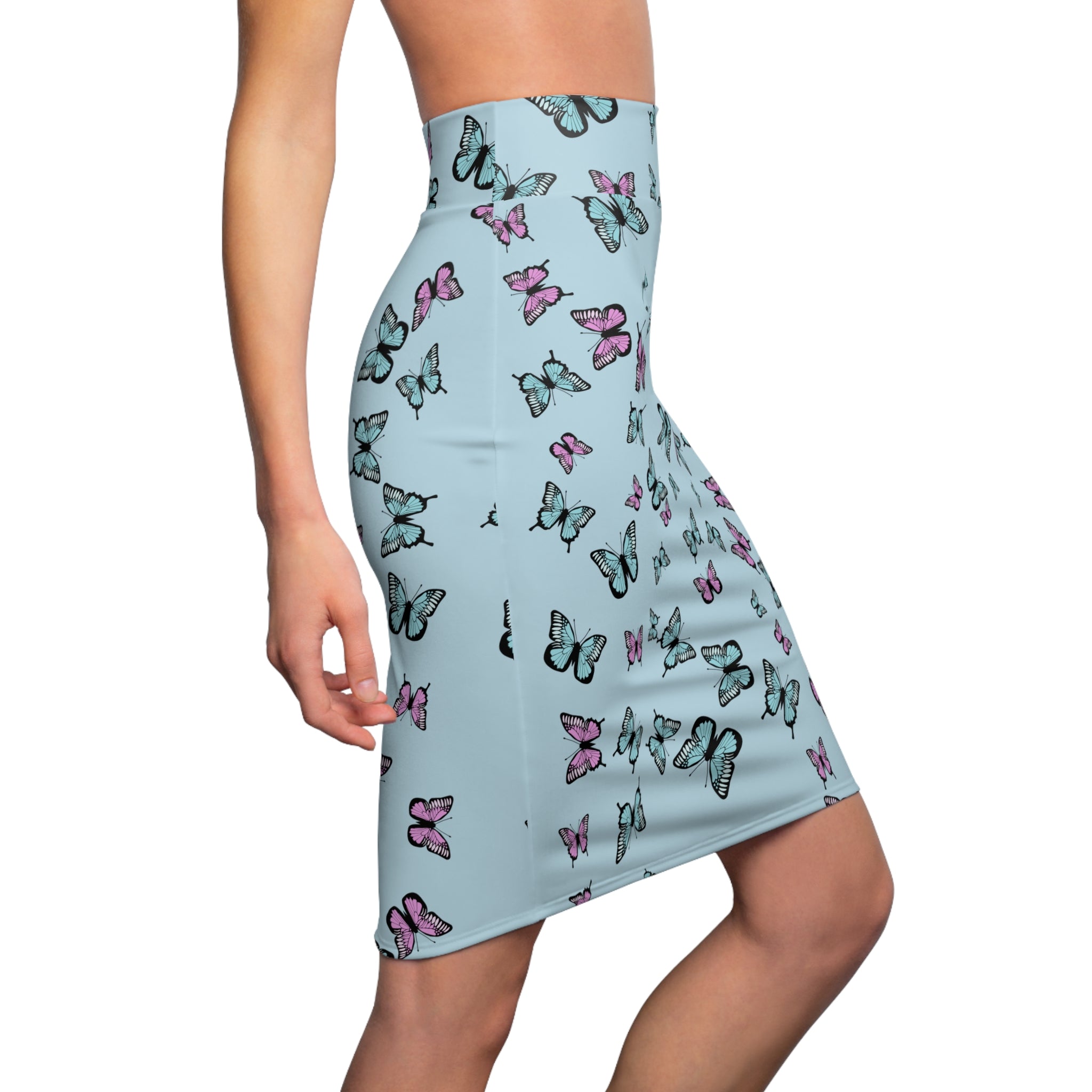 Butterfly Pattern Blue Women's Pencil Skirt - Floral Print Stretchy Midi Skirt, Summer Fashion Apparel, Cute Insect Theme Clothes, Elegant