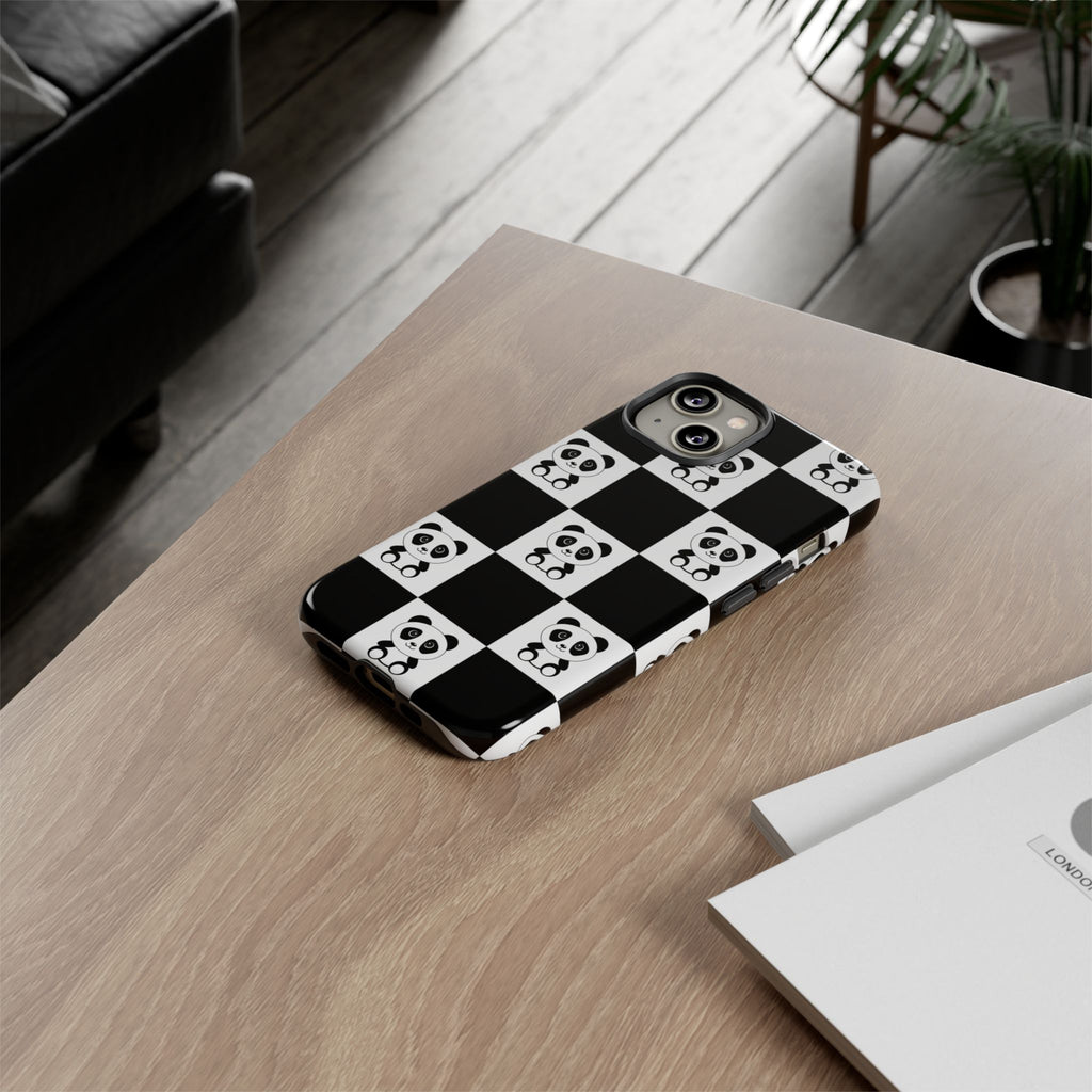 Panda Chessboard Tough Cases, Cute Panda Phone Covers, Chess Pattern iPhone Case, Board Games Phone Accessories, Animal Lover Tech