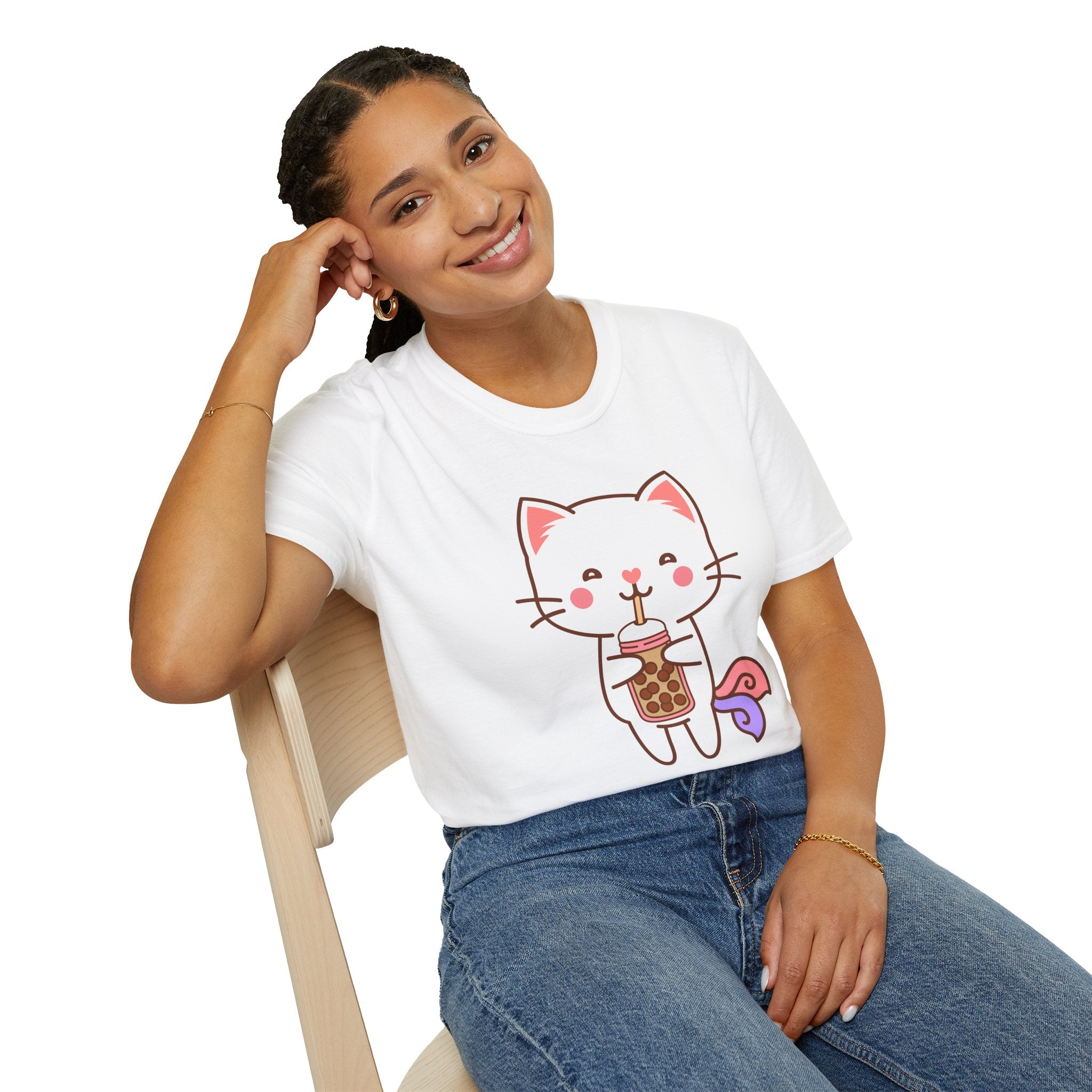 Cat Boba Tea Bubble Tea Anime Kawaii Neko Softstyle T-Shirt, Cute Japanese Kitty Drink Tee, Fun Cartoon Cat Lover Shirt, Trendy