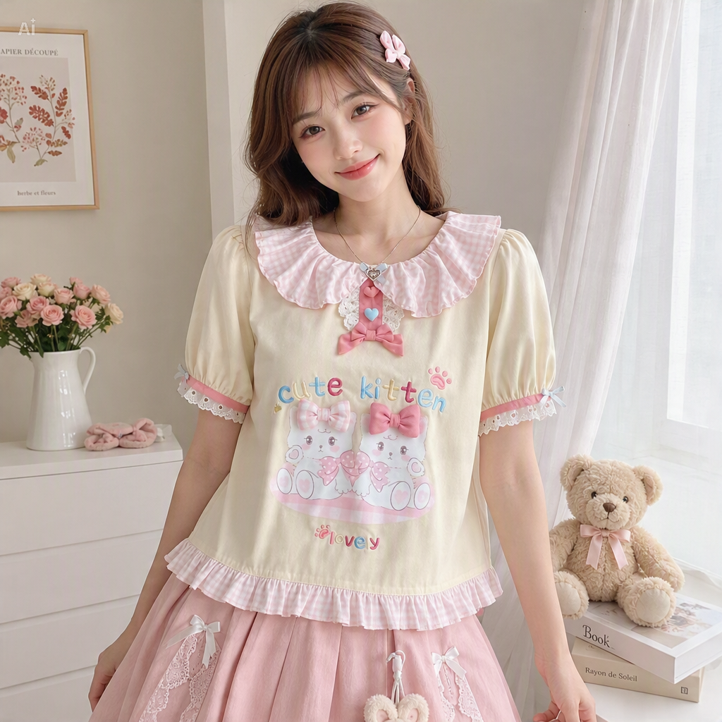 Pink Harajuku Ruffle Top | Cute Bear Lace Tee