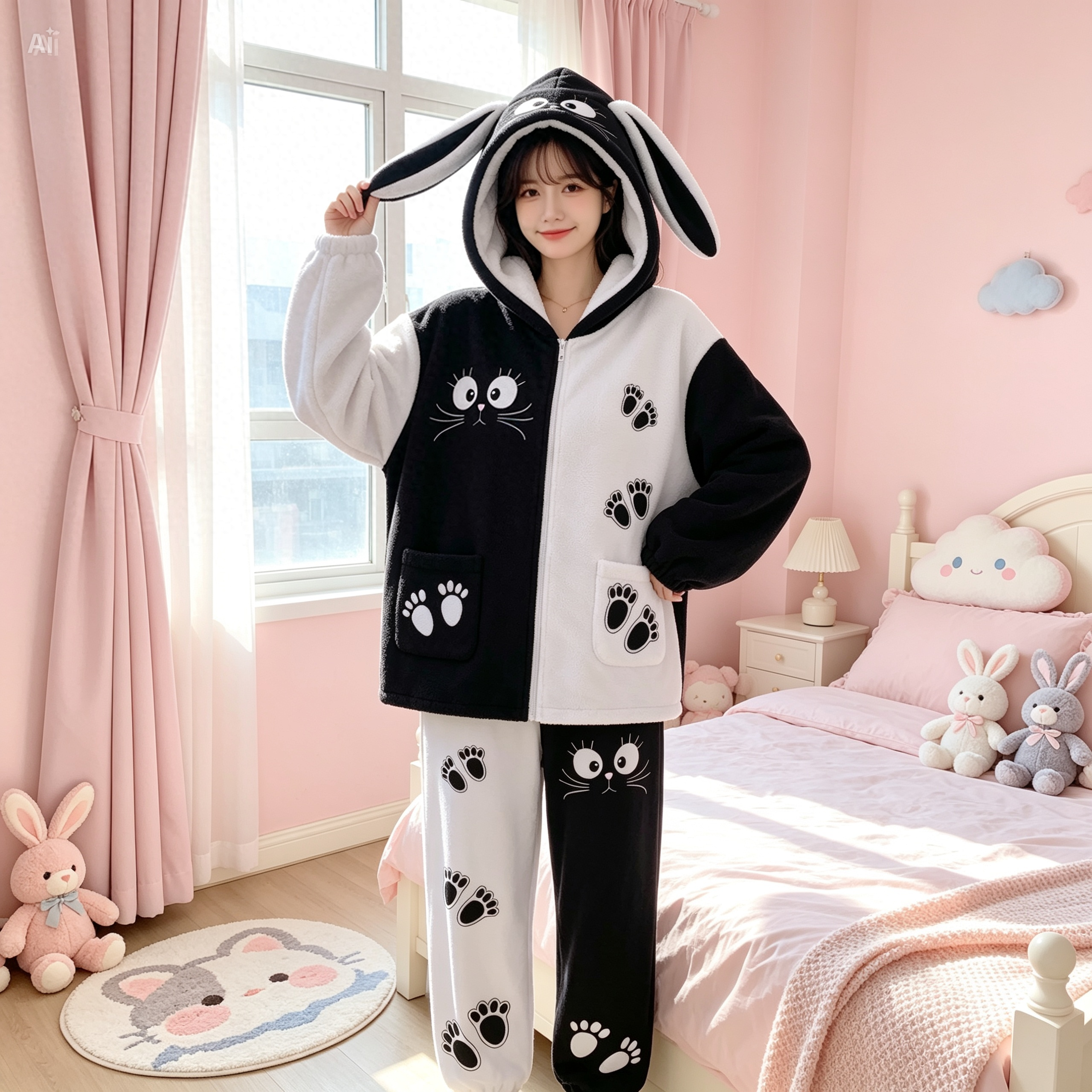 Kawaii Cat Bunny Ear Hoodie – Black and White Fleece Zip Up Jacket