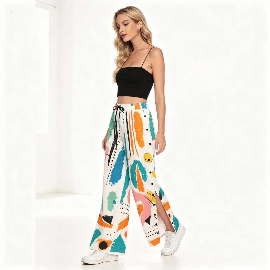 Abstract Side Slit Palazzo Pants – Colorful Wide Leg Snap Button Trousers
