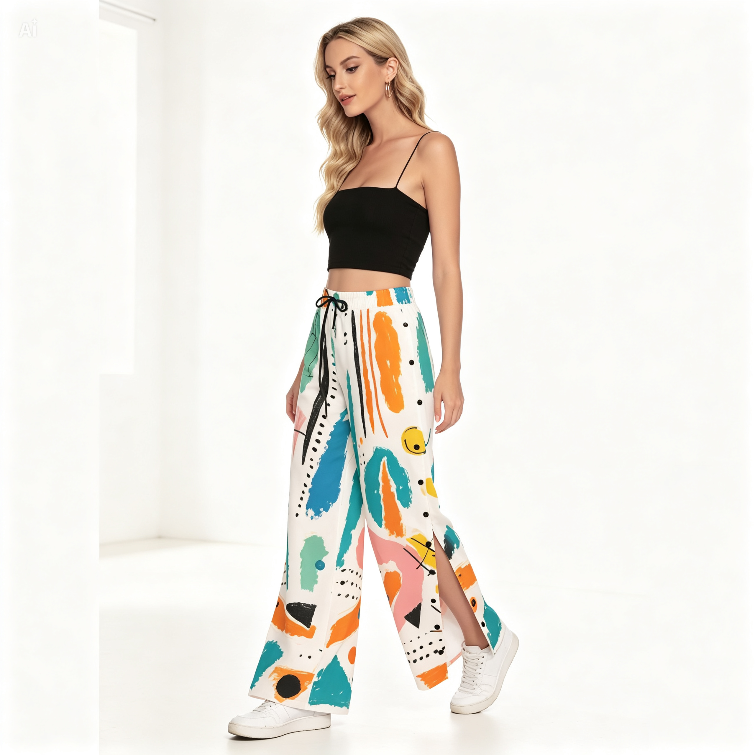 Abstract Side Slit Palazzo Pants – Colorful Wide Leg Snap Button Trousers