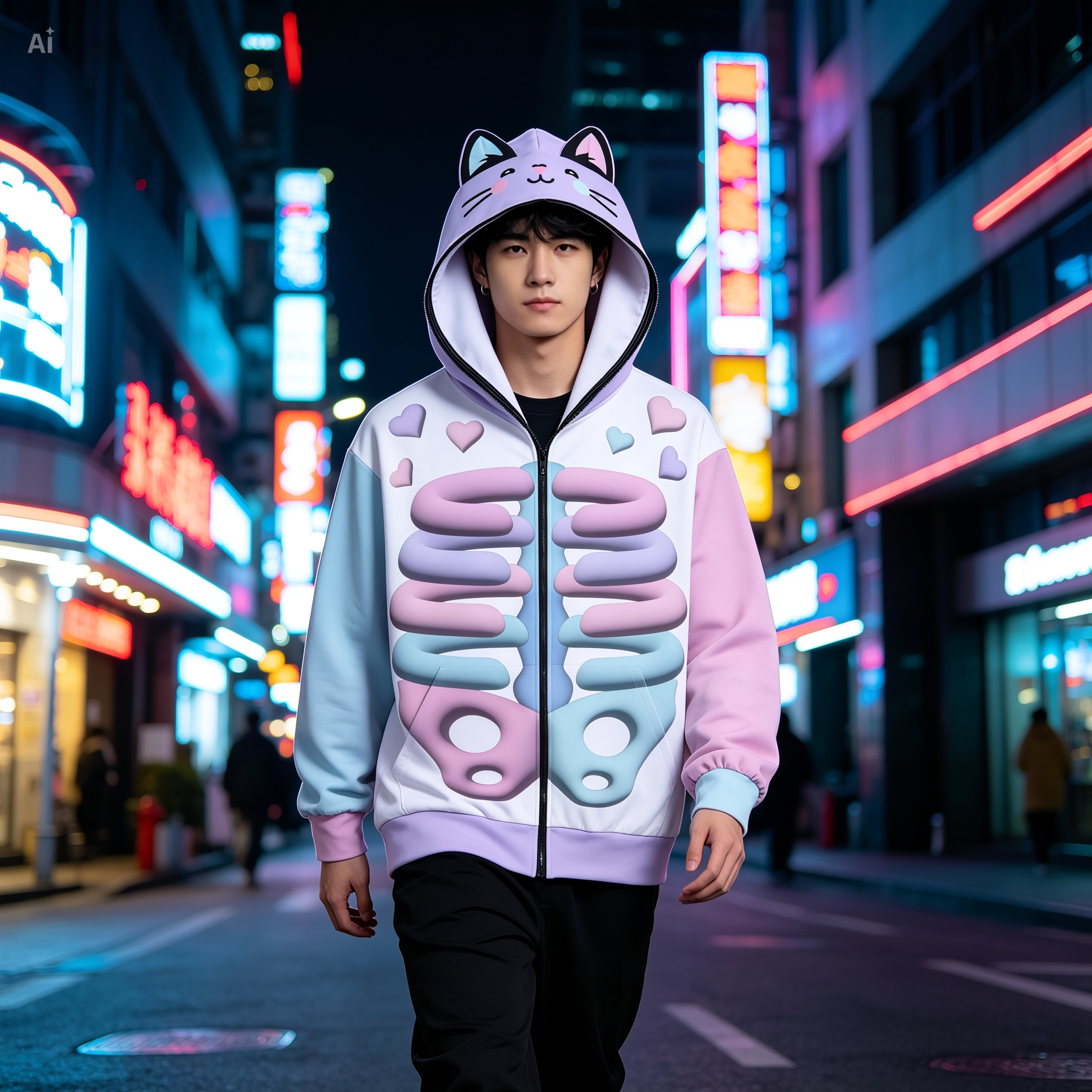 Kawaii Heaven Unisex Zip Up Hoodie with Cat Ears Pastel Skeleton Print