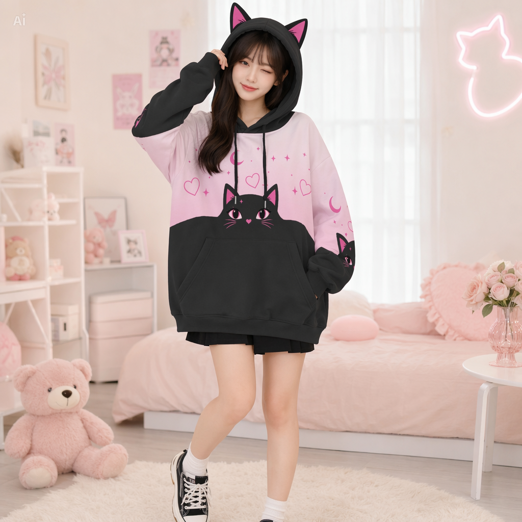 Pastel Pink Black Cat Ear Hoodie