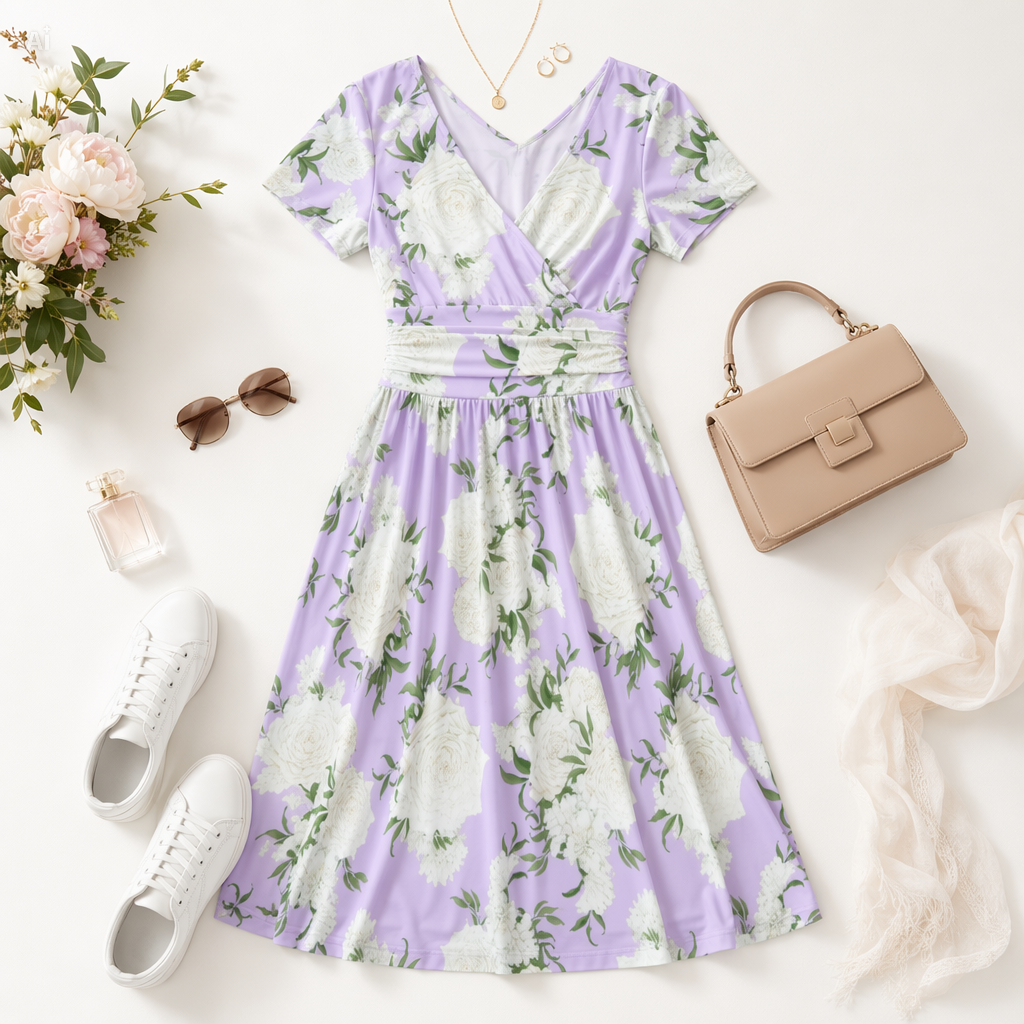 Lavender Floral V-Neck Midi Dress