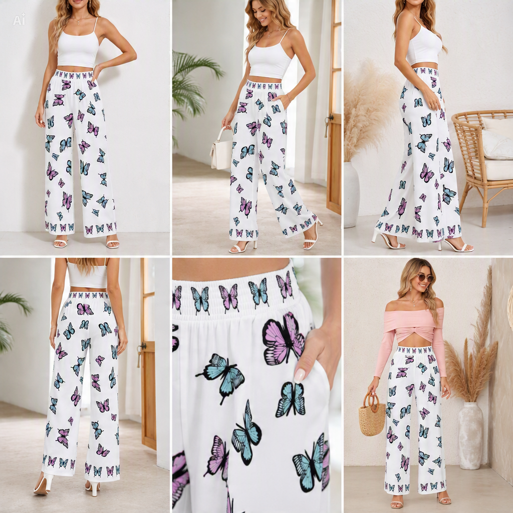 Pastel Butterfly Wide-Leg Palazzo Pants | 100% Rayon