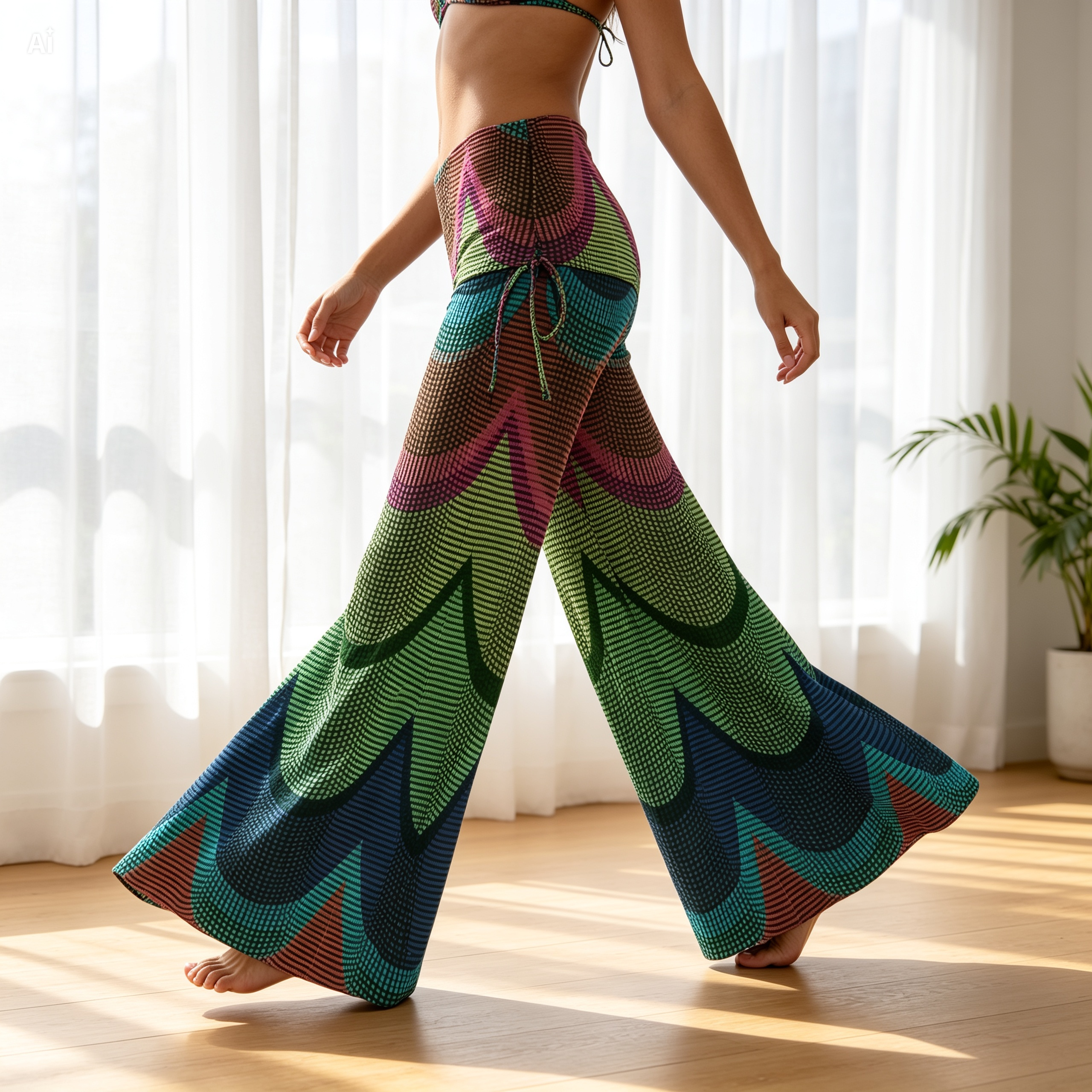 Rainbow Wave Wide Leg Pants – Boho Fold Over Palazzo Pants