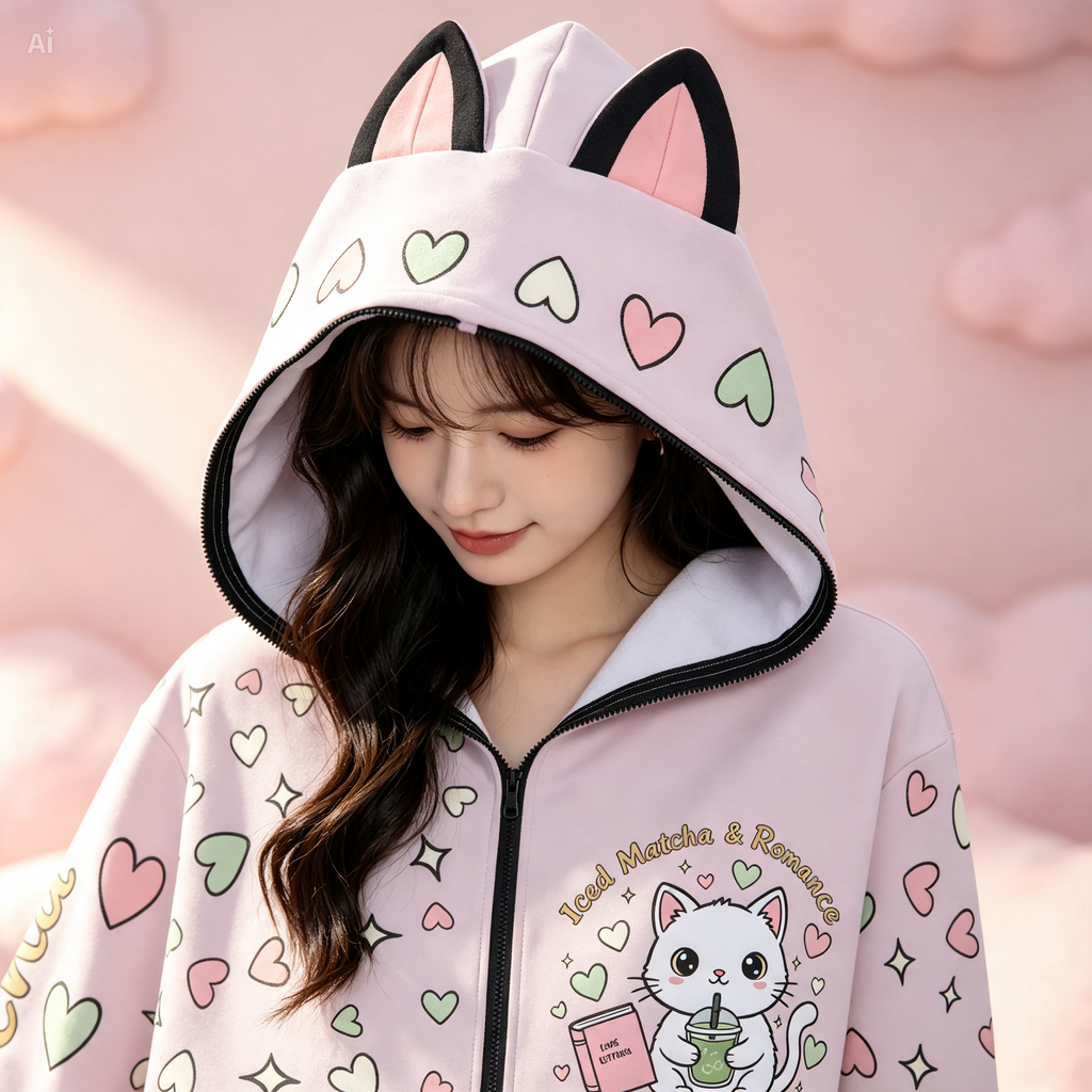 Matcha Reading Cat Ear Zip-Up Hoodie