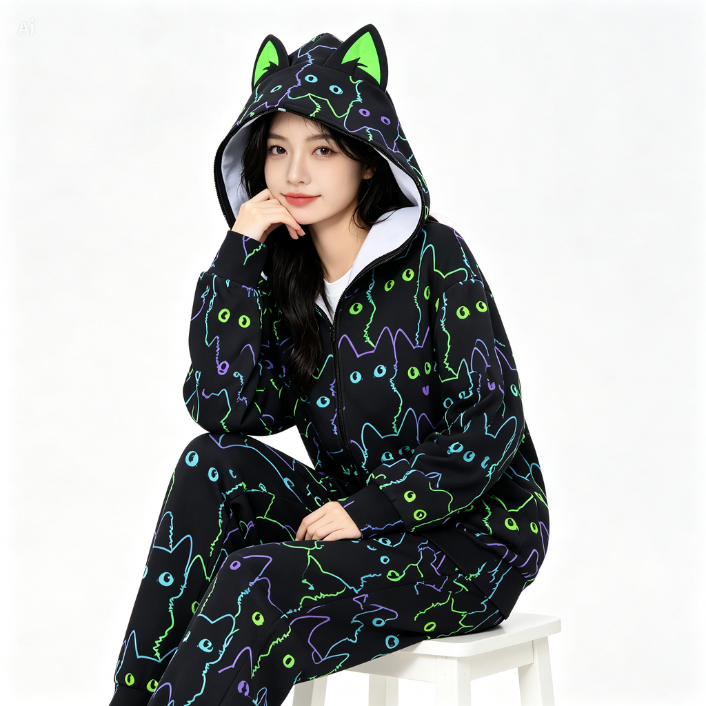 Neon Cat Print Zip-Up Hoodie with Cat Ears - Black Unisex Scuba Hooded Jacket