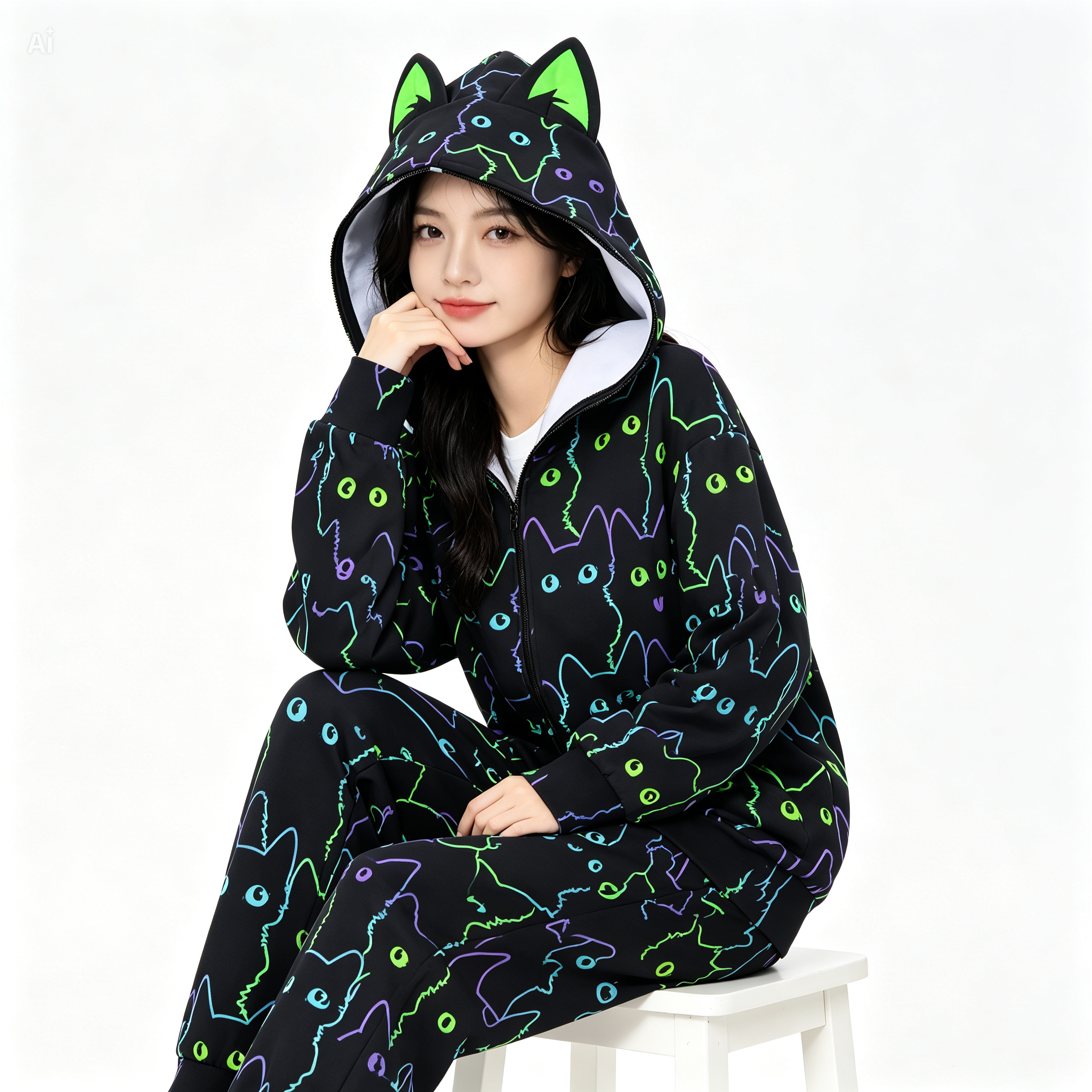 Neon Cat Print Zip-Up Hoodie with Cat Ears - Black Unisex Scuba Hooded Jacket