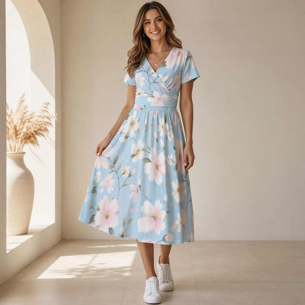 Pastel Blue Floral V-Neck Midi Dress