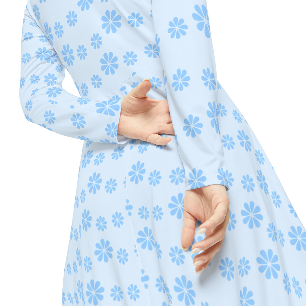 Long Sleeve Dance Dress - Light Blue Flowers