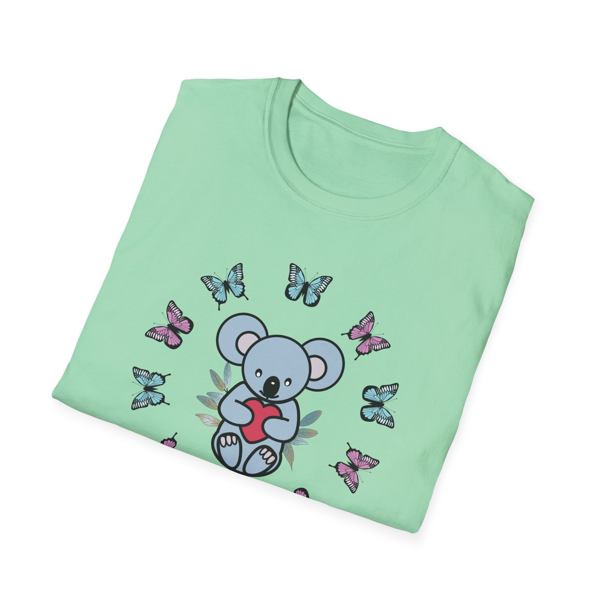 Koala Heart T-Shirt, Cute Animal Tee, Butterfly Graphic Shirt, Nature Lover Gift, Wildlife Lover Top