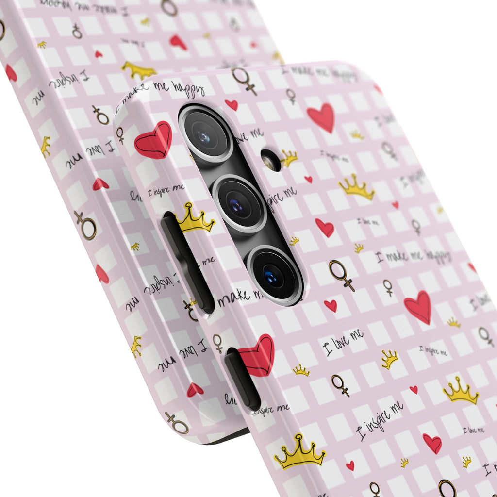 Cozy Hearts & Crowns Phone Case, Heart Design Protective Phone Cover, Crown Pattern Tough Case, Girly Phone Accessories, Valentine's Day