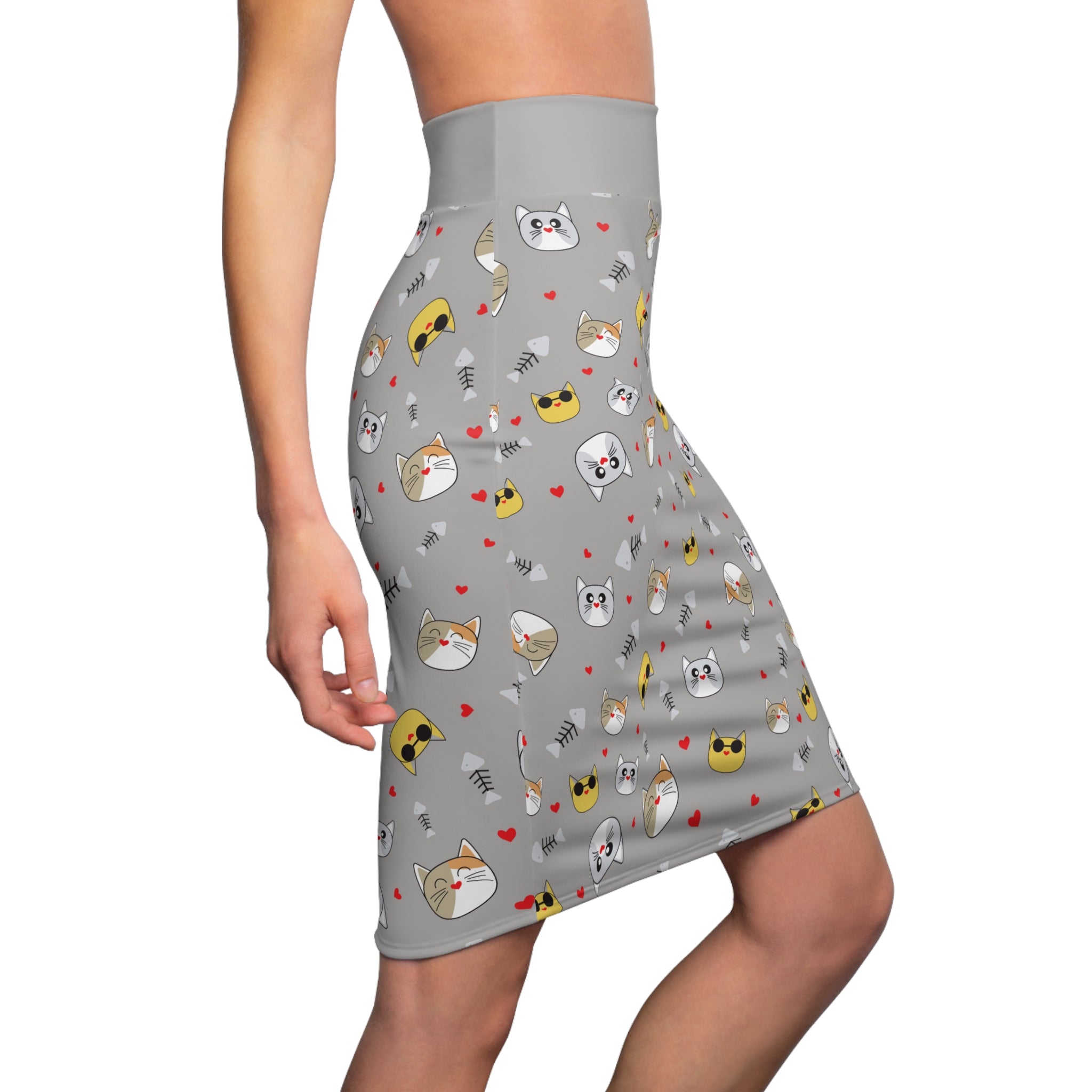 Cool Cats Pattern Gray Women's Pencil Skirt - Stylish Feline Print Women's Skirt, Cat Lover Fashion, Gray Skirt