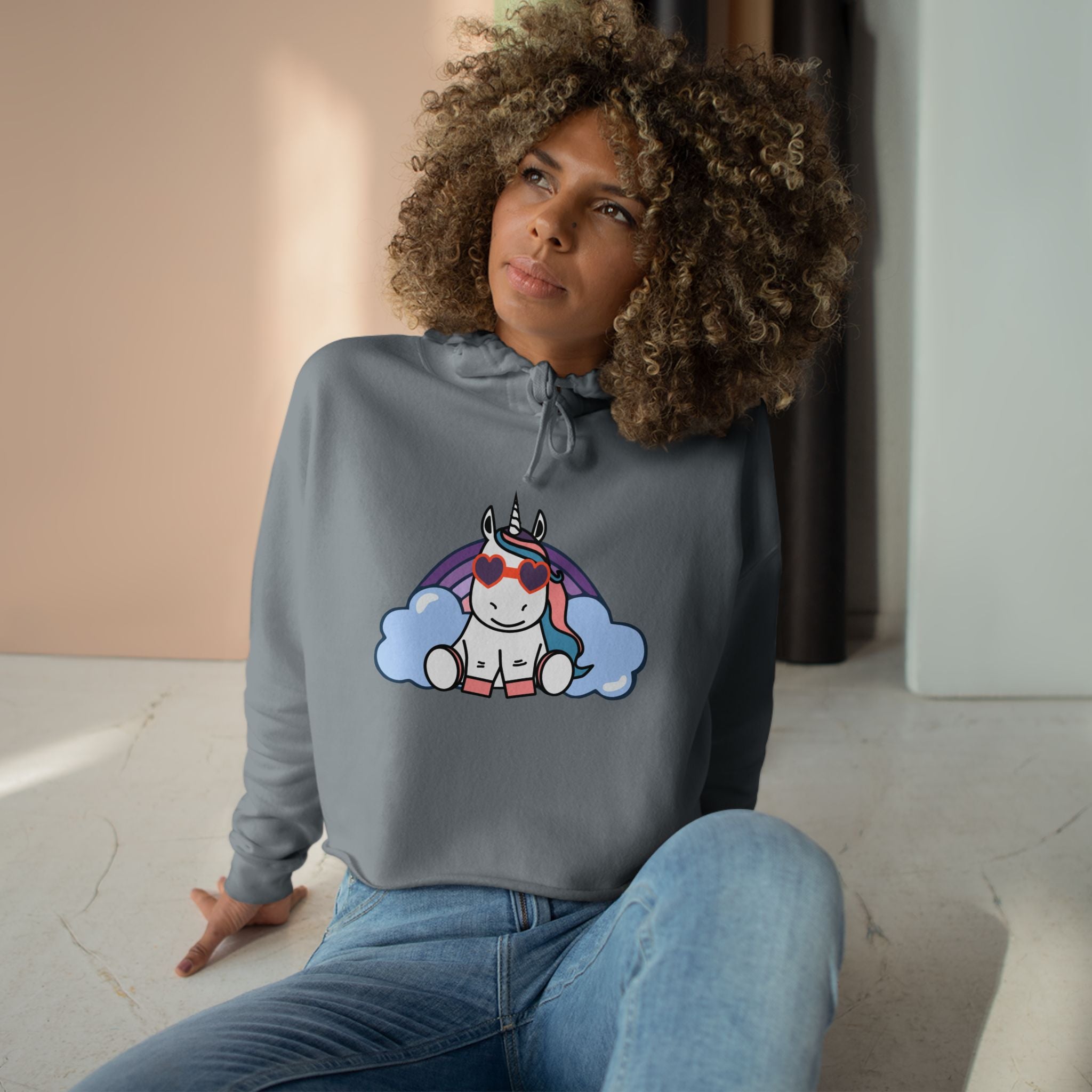 Unicorn with Rainbow Crop Hoodie - Magical Fantasy Lightweight Sweatshirt, Teens Girls Fashion Pullover, Colorful Trendy Jumper, Cute