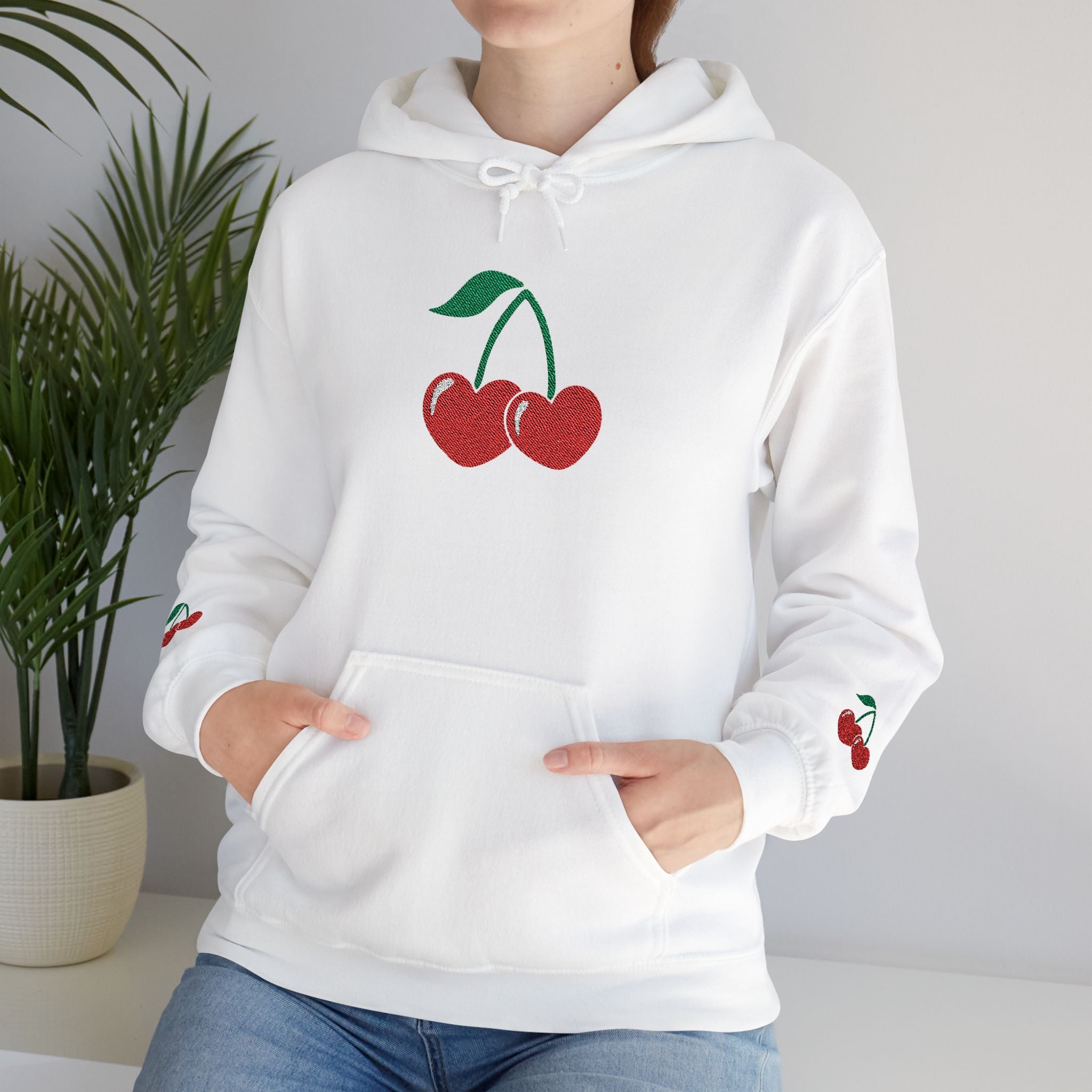 Cherry Heart Embroidered Hoodie — Heart Cherry Graphic Hooded Sweatshirt