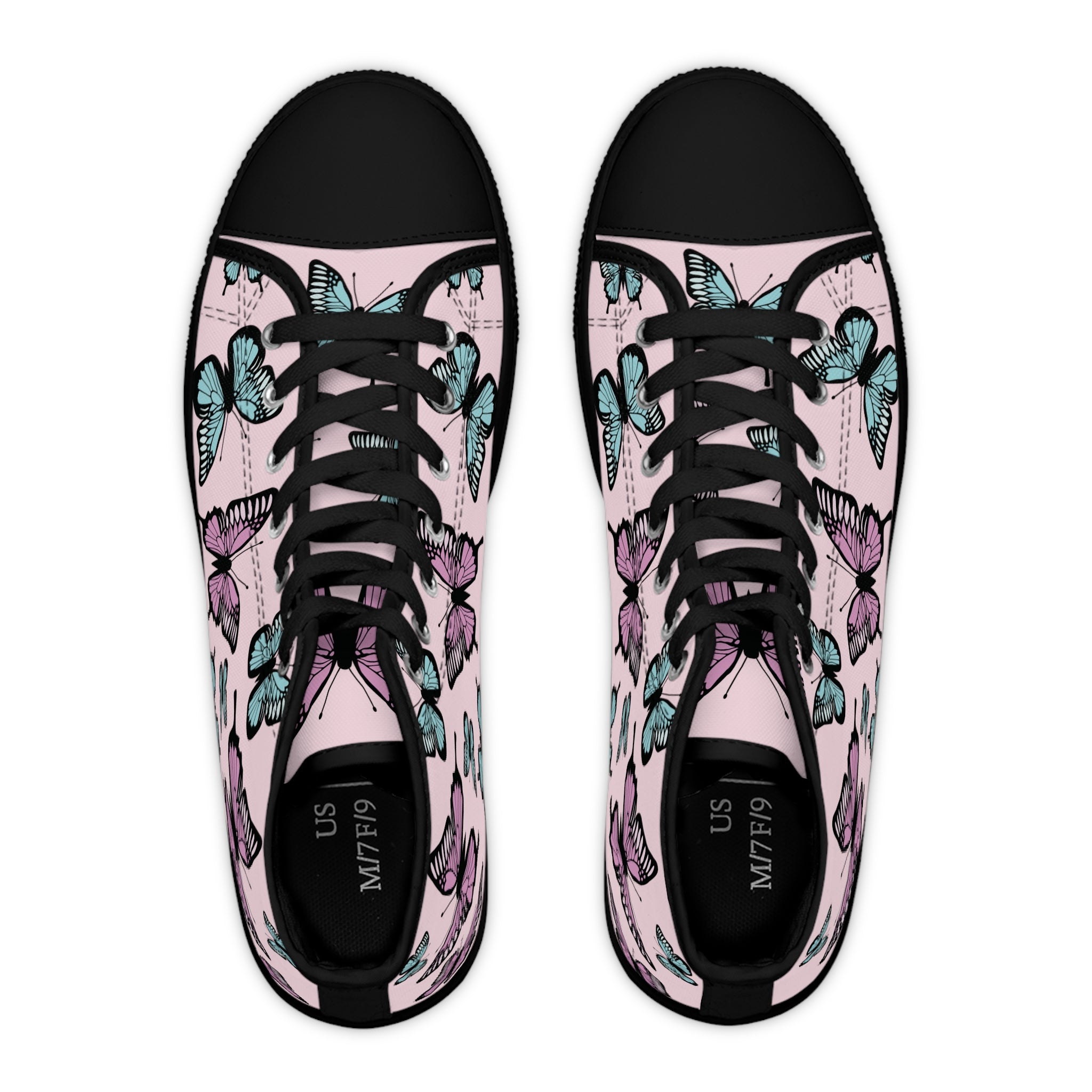 Light Pink Butterfly Pattern High Top Sneakers - Women's Fashion Shoes, Cute Pink Sneaker Boots, Butterfly Print Sneaker Shoes