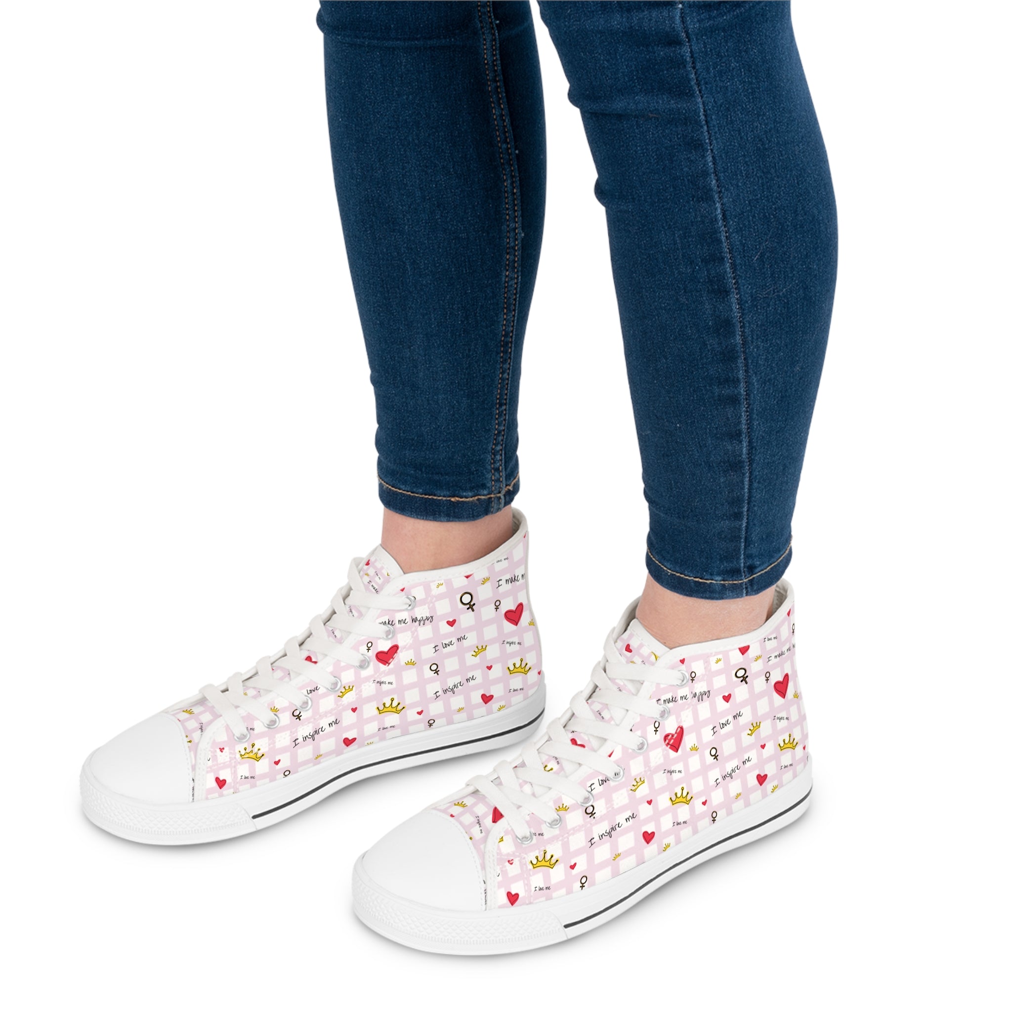 Cozy Hearts & Crowns High Top Sneakers for Women - Cute Heart Patterned Sneaker Shoes, Comfy Crown Design, Best Gift for Her, Trendy Casual