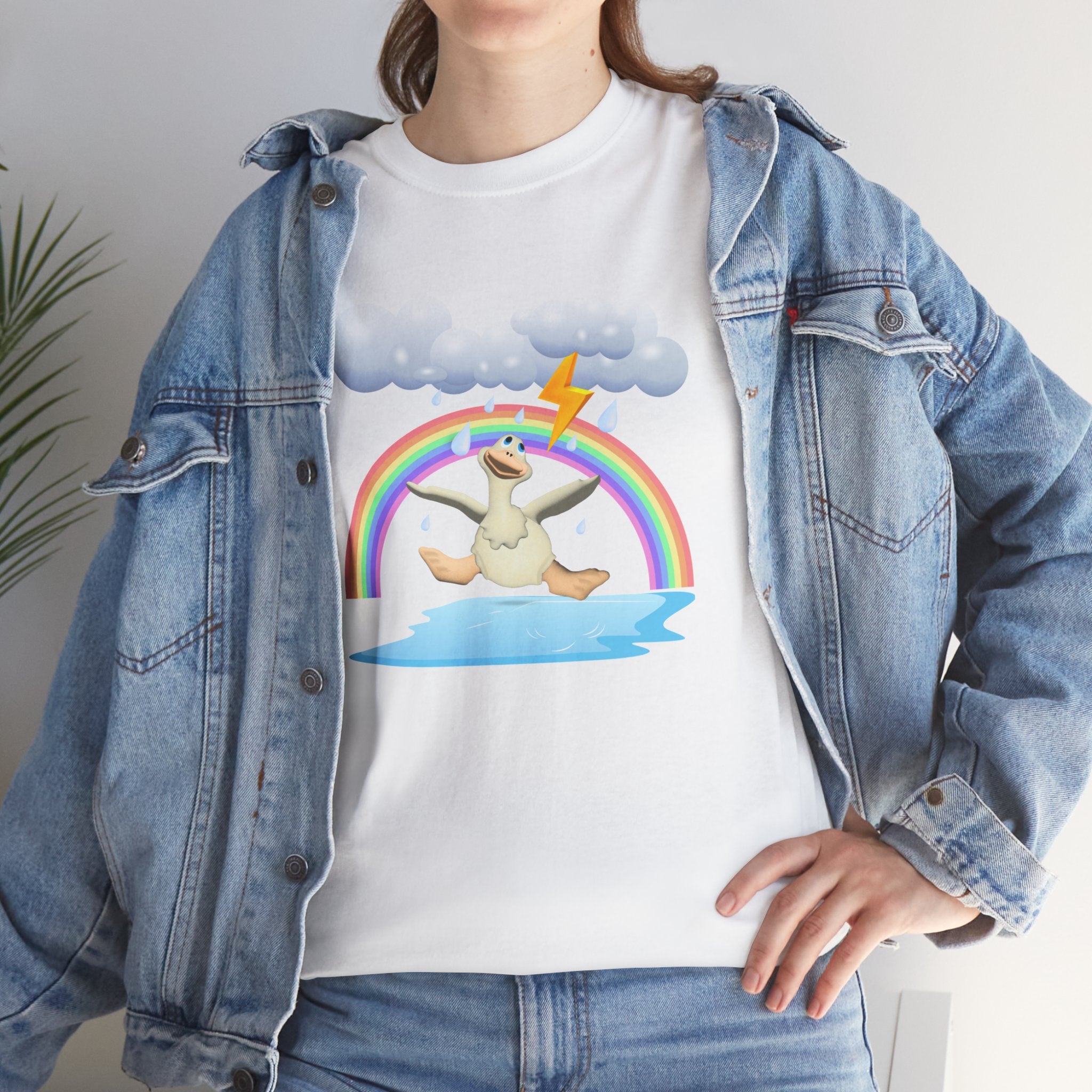 Crazy duck in rainy weather with rainbows and lightning Heavy Cotton Tee