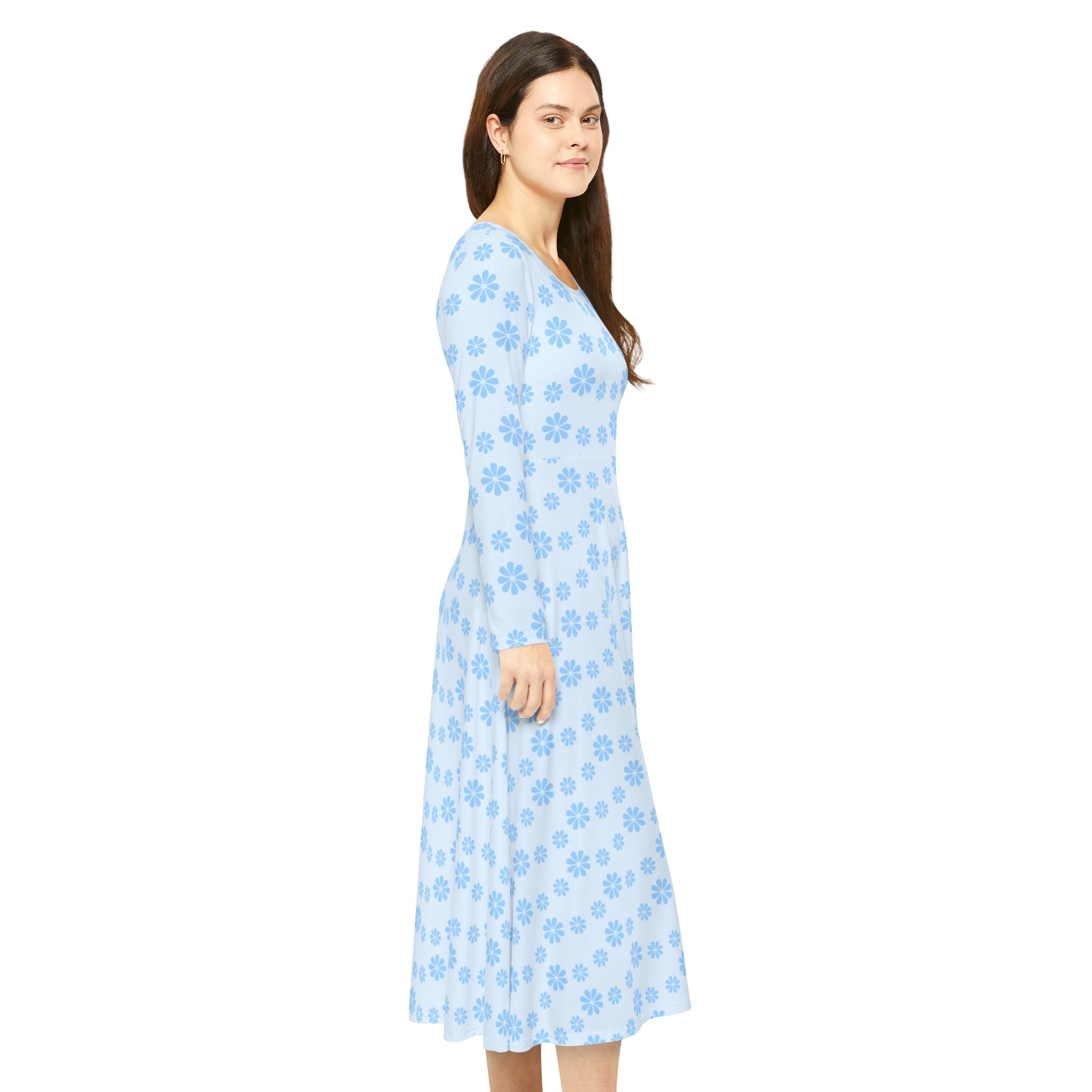 Long Sleeve Dance Dress - Light Blue Flowers
