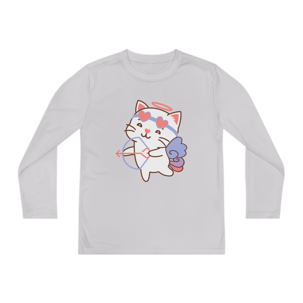 Cute Cupido Cat Youth Tee, Kids Long Sleeve Shirt, Funny Cat Shirt for Girls, Long Sleeve Kids Shirt, Cute Children's Clothing