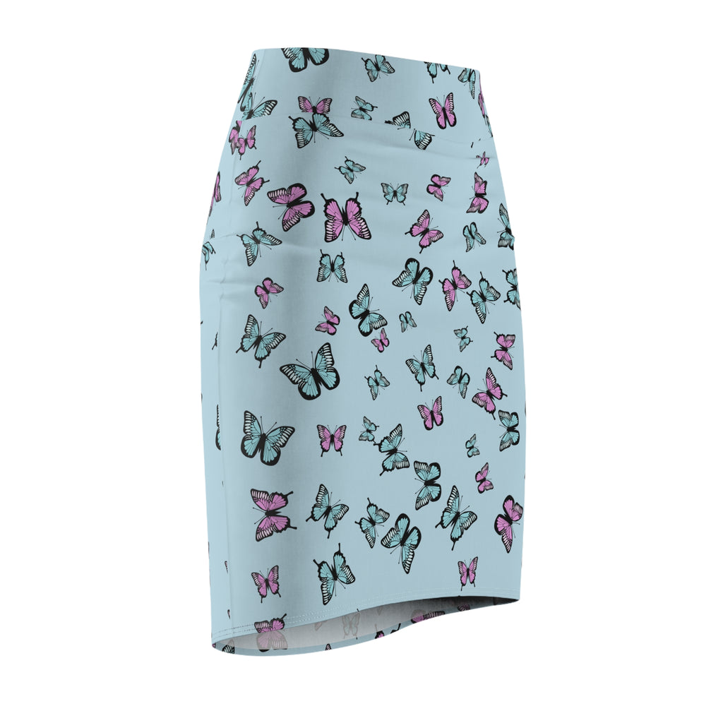 Butterfly Pattern Blue Women's Pencil Skirt - Floral Print Stretchy Midi Skirt, Summer Fashion Apparel, Cute Insect Theme Clothes, Elegant