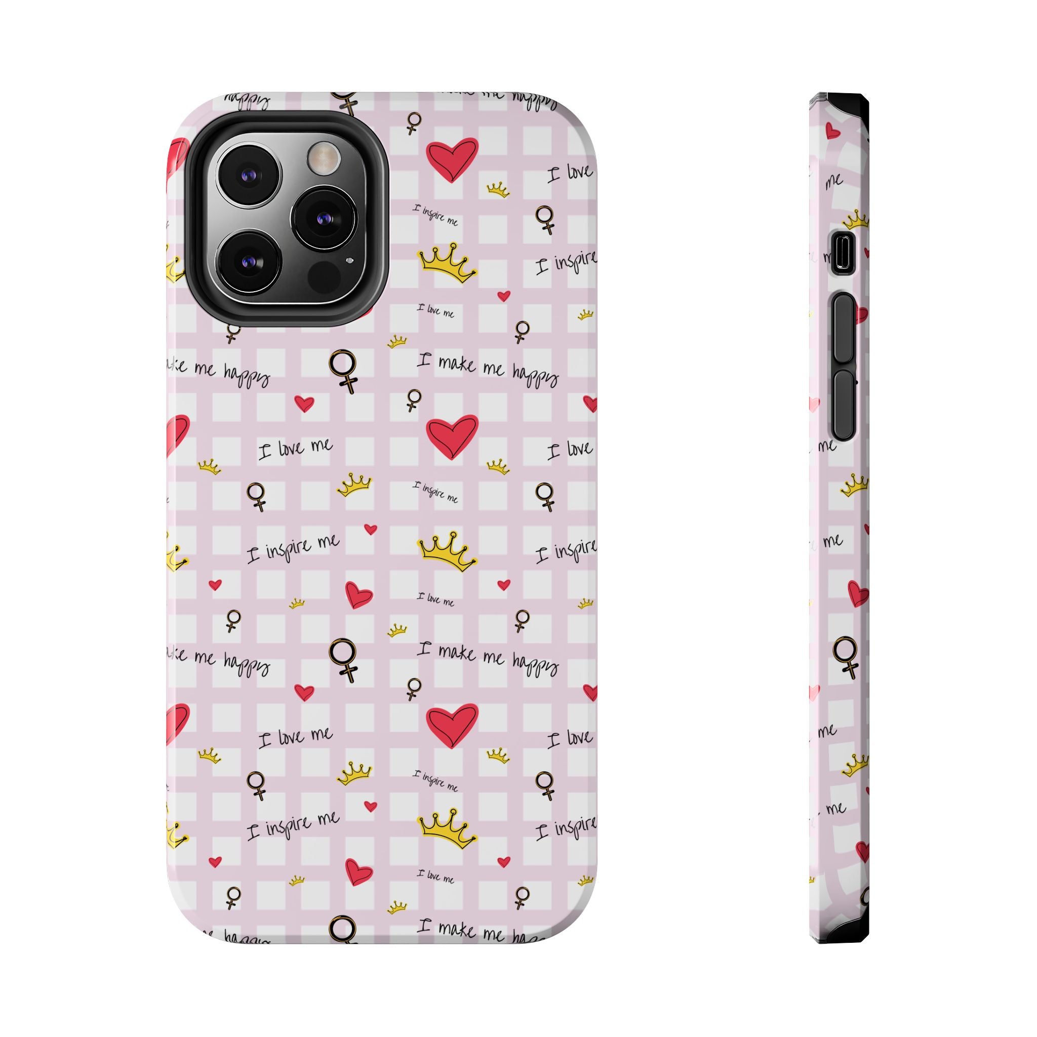Cozy Hearts & Crowns Phone Case, Heart Design Protective Phone Cover, Crown Pattern Tough Case, Girly Phone Accessories, Valentine's Day